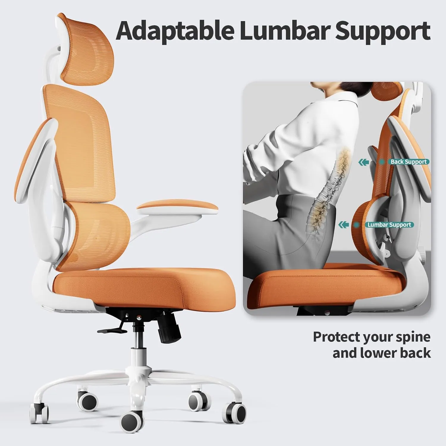 Office Chair Ergonomic Desk Chair, 330 LBS Home Mesh Office Desk Chairs with Wheels, Comfortable Gaming Chair, High Back Office Chair for Long Hours (Orange)