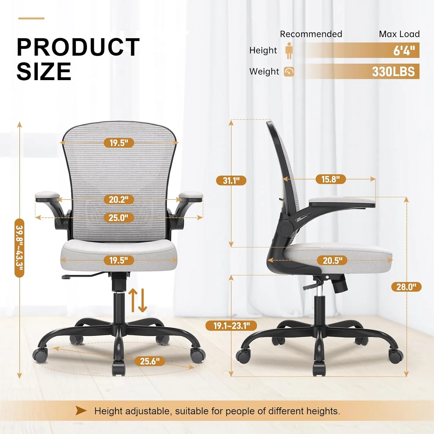 Office Chair, Ergonomic Desk Chairs 330LBS Capacity High Back Mesh Computer Chair with Flip-up Armrests, Comfy Work Chair with Adjustable Lumbar Support, Rolling Chair (Grey, One Size)