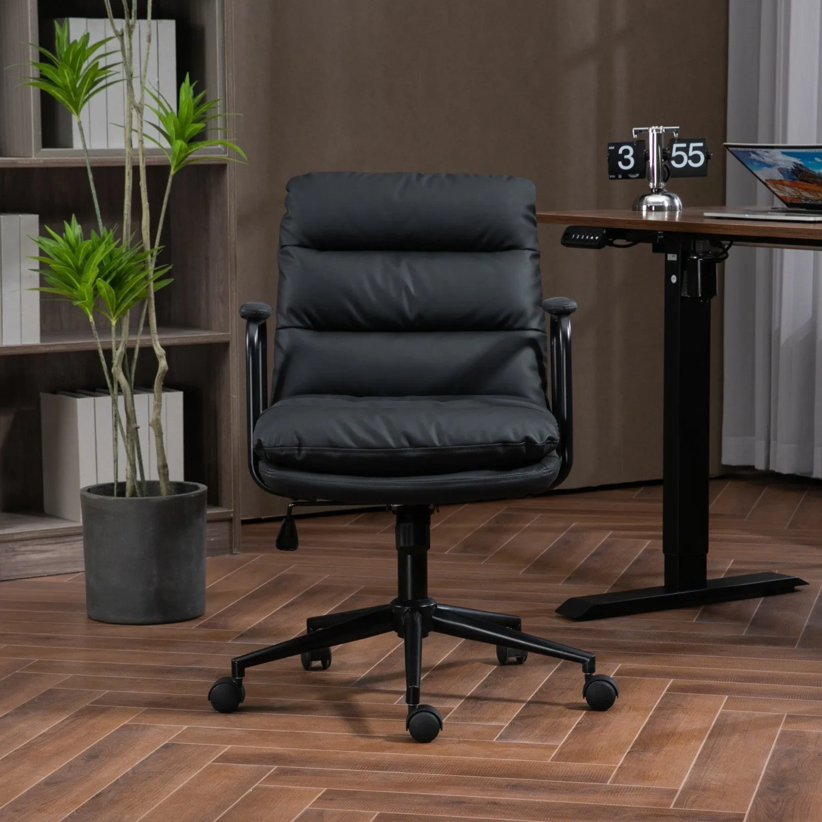 Office Chair, Mid Back Home Office Desk Task Chair with Wheels and Arms, Ergonomic PU Leather Computer Rolling Swivel Chair