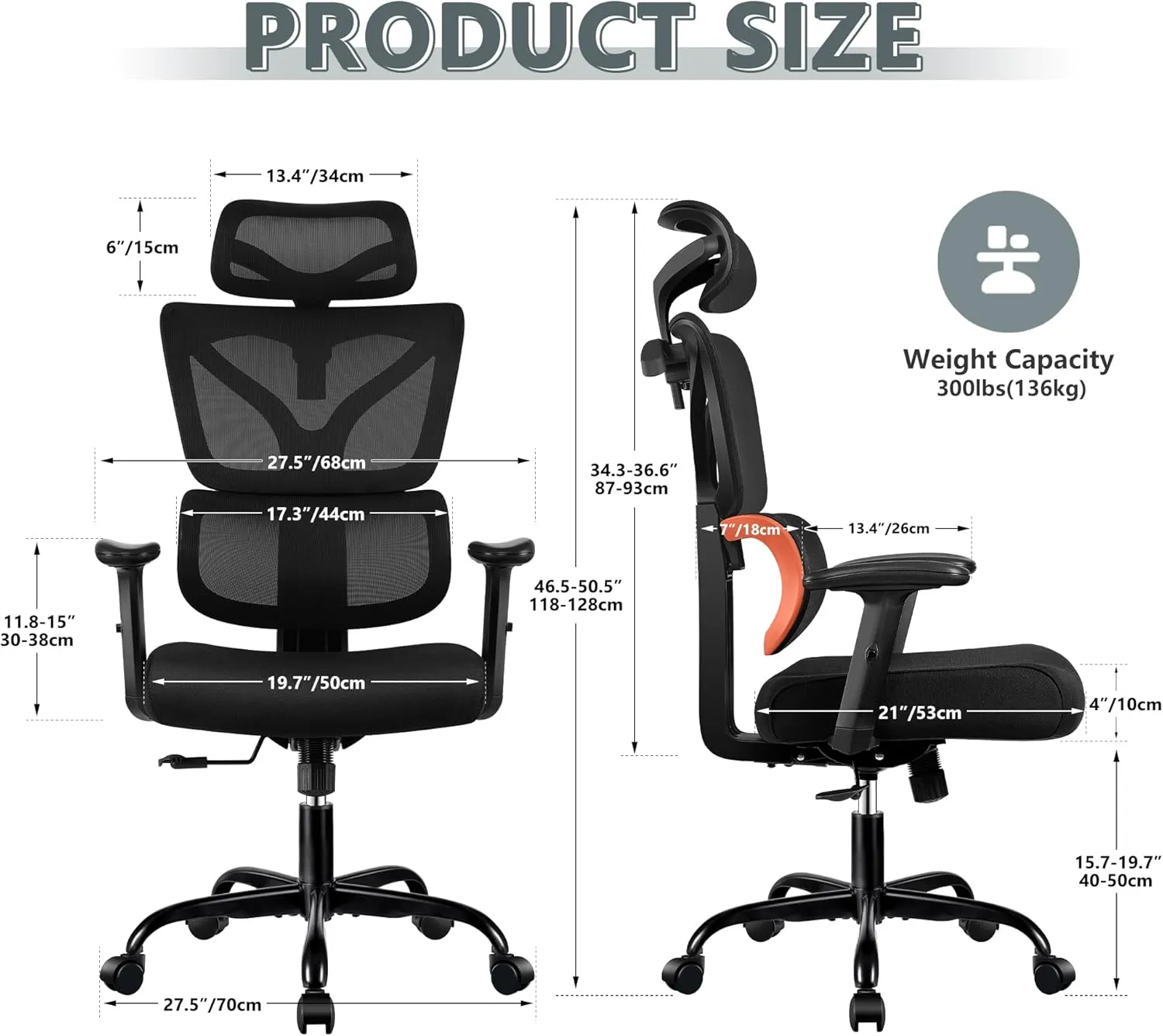 Office Desk Chair - Ergonomic High Back Reclining Gaming Chair with Breathable Mesh, Lumbar Support, Adjustable Armrests (Big and Tall - Orange)