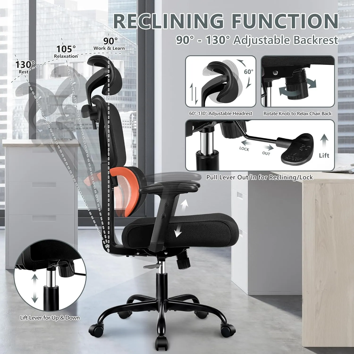 Office Desk Chair - Ergonomic High Back Reclining Gaming Chair with Breathable Mesh, Lumbar Support, Adjustable Armrests (Big and Tall - Orange)