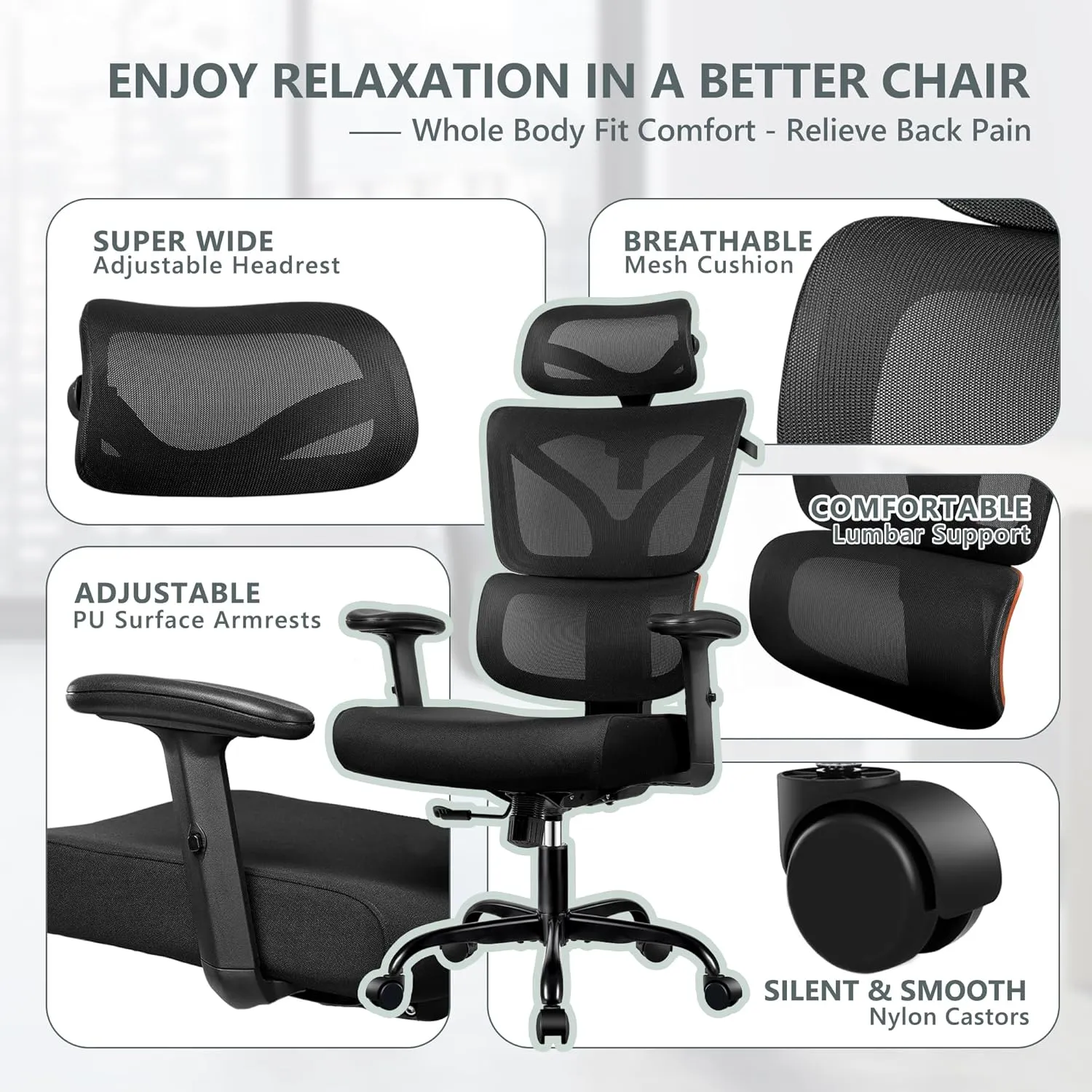 Office Desk Chair - Ergonomic High Back Reclining Gaming Chair with Breathable Mesh, Lumbar Support, Adjustable Armrests (Big and Tall - Orange)