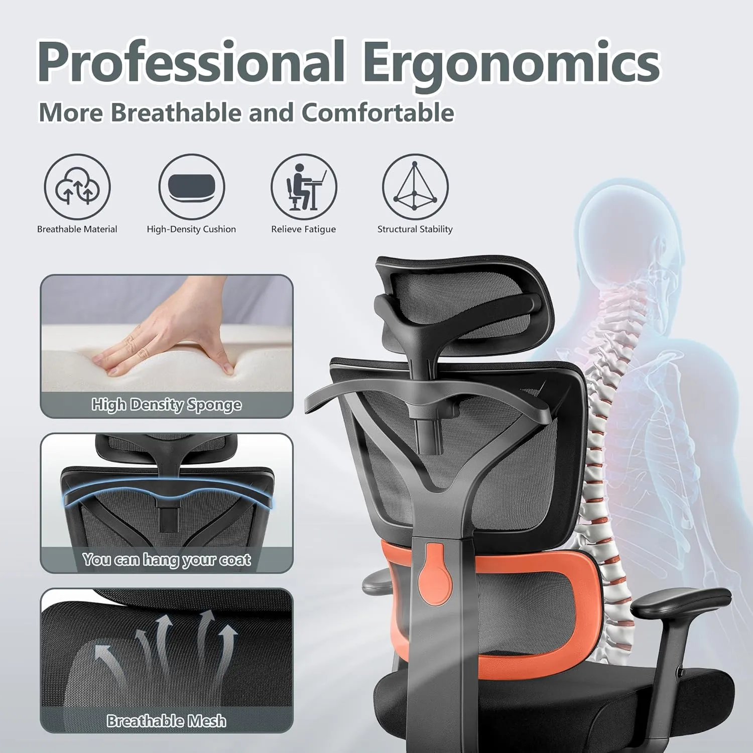 Office Desk Chair - Ergonomic High Back Reclining Gaming Chair with Breathable Mesh, Lumbar Support, Adjustable Armrests (Big and Tall - Orange)