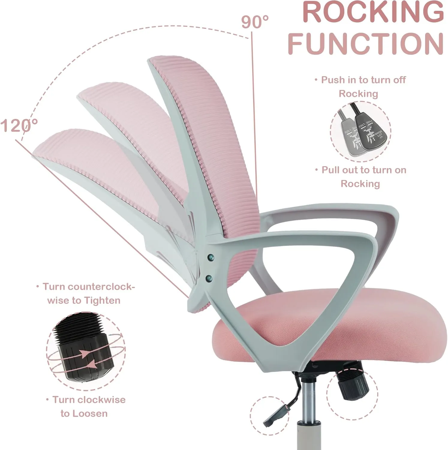 Office Ergonomic Desk Chair, Mesh Comfy Computer Work Chair with Armrests and Adjustable Lumbar Support, Rolling Swivel Executive Task Chair for Home Office, Adults and Teens (Pink)