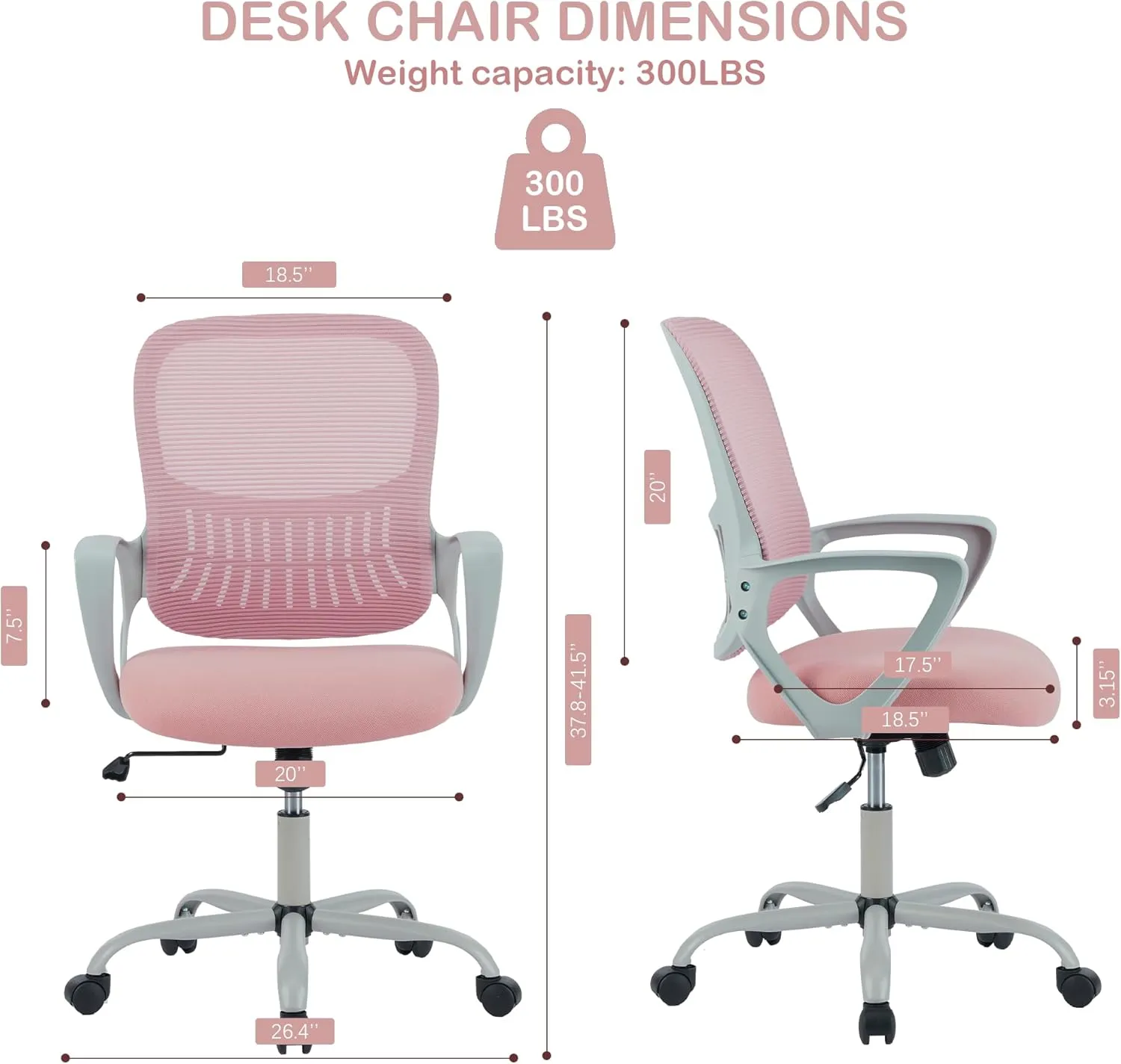 Office Ergonomic Desk Chair, Mesh Comfy Computer Work Chair with Armrests and Adjustable Lumbar Support, Rolling Swivel Executive Task Chair for Home Office, Adults and Teens (Pink)