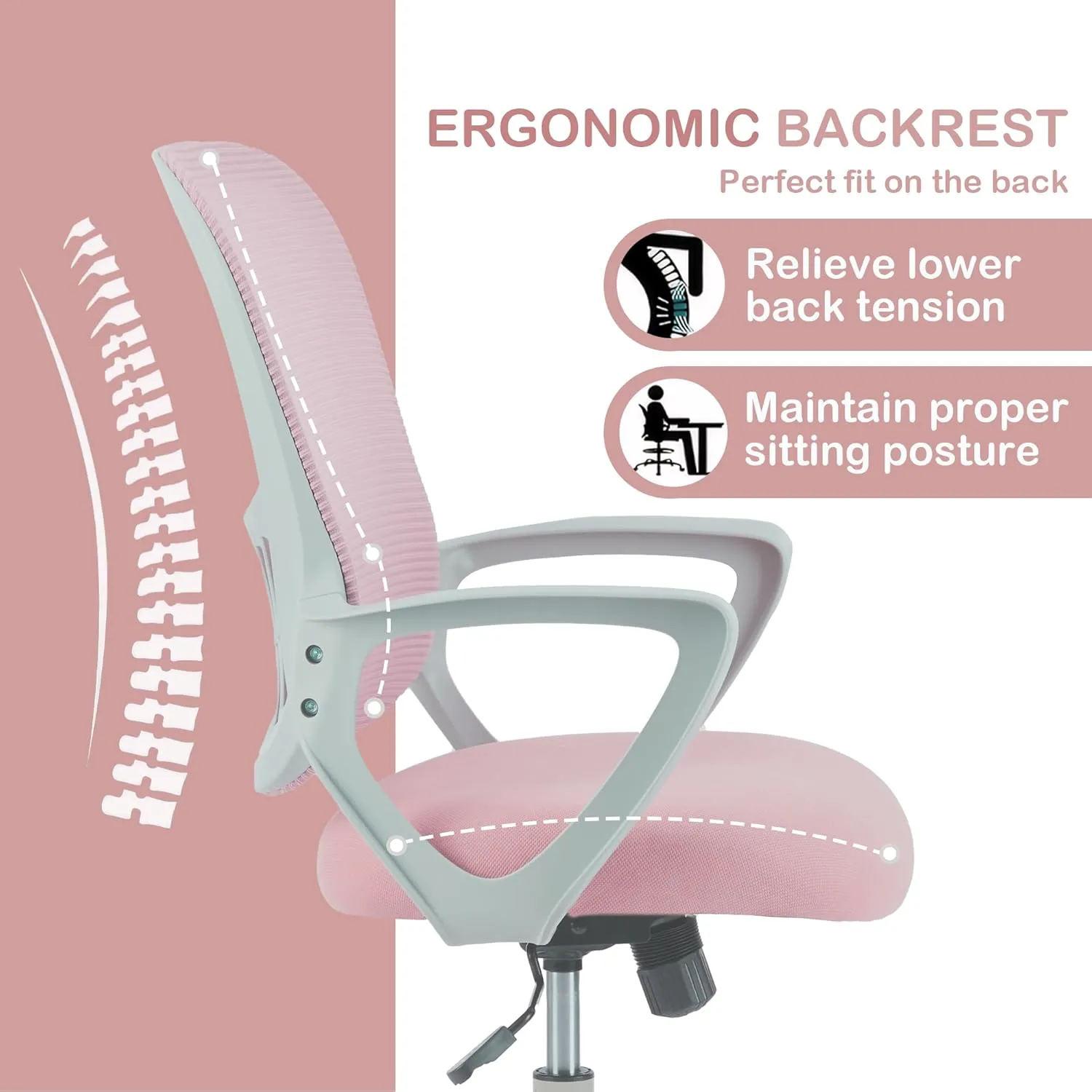 Office Ergonomic Desk Chair, Mesh Comfy Computer Work Chair with Armrests and Adjustable Lumbar Support, Rolling Swivel Executive Task Chair for Home Office, Adults and Teens (Pink)
