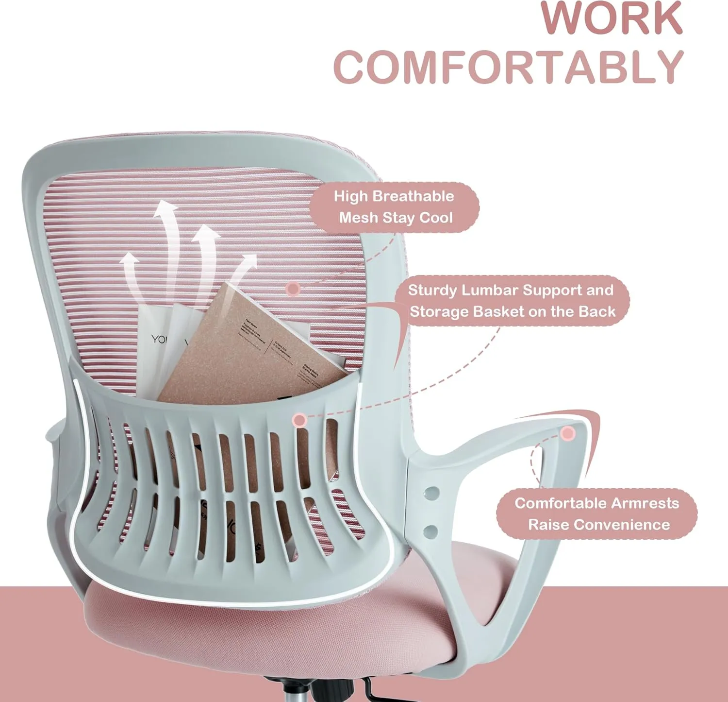 Office Ergonomic Desk Chair, Mesh Comfy Computer Work Chair with Armrests and Adjustable Lumbar Support, Rolling Swivel Executive Task Chair for Home Office, Adults and Teens (Pink)