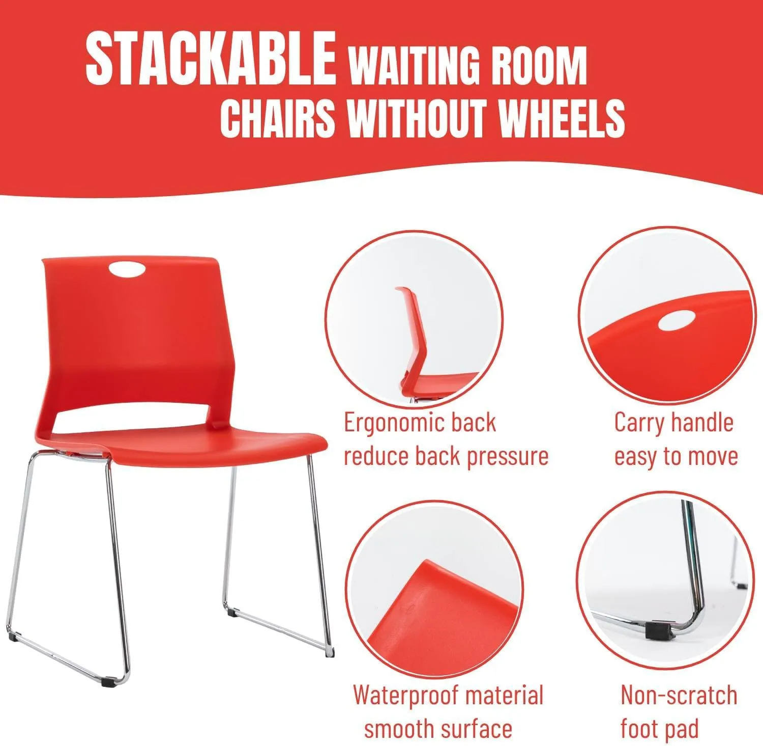 Office Guest Chair with Sled Base, Ergonomic Full Back Plastic Stacking Chair Without Wheels, Reception Chair for Office, Conference Room, Waiting Room, Red (4 Pack).