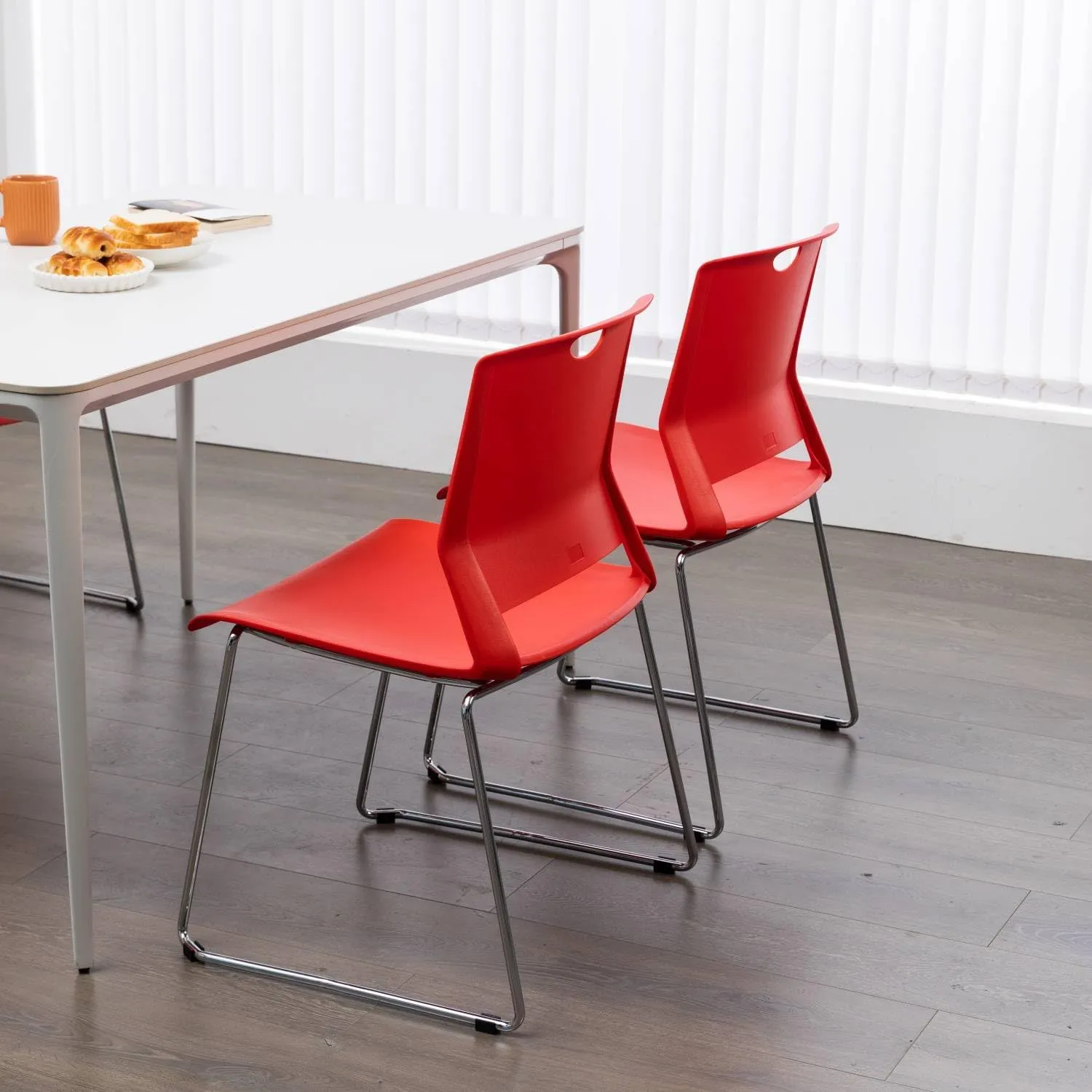 Office Guest Chair with Sled Base, Ergonomic Full Back Plastic Stacking Chair Without Wheels, Reception Chair for Office, Conference Room, Waiting Room, Red (4 Pack).