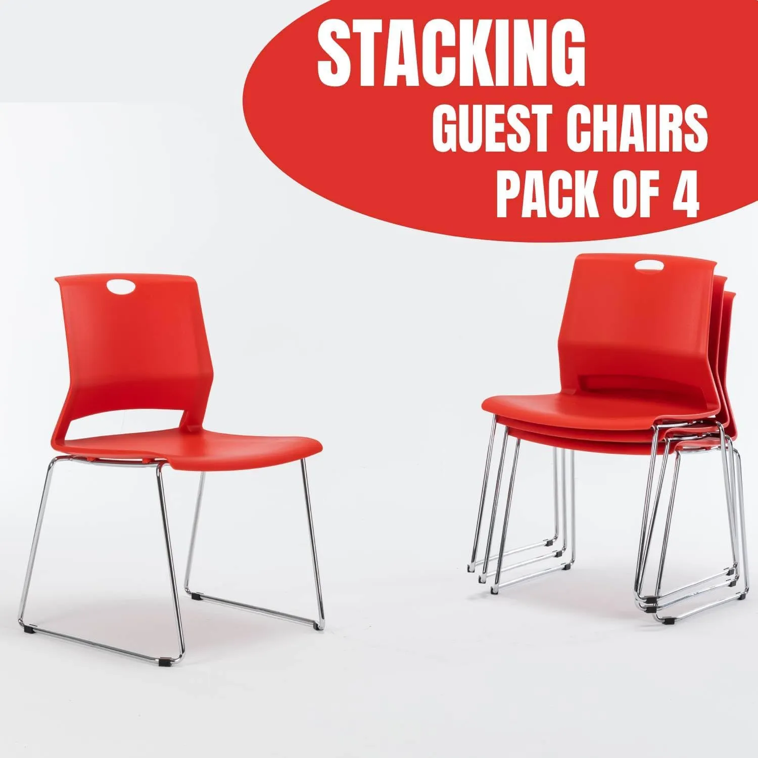 Office Guest Chair with Sled Base, Ergonomic Full Back Plastic Stacking Chair Without Wheels, Reception Chair for Office, Conference Room, Waiting Room, Red (4 Pack).