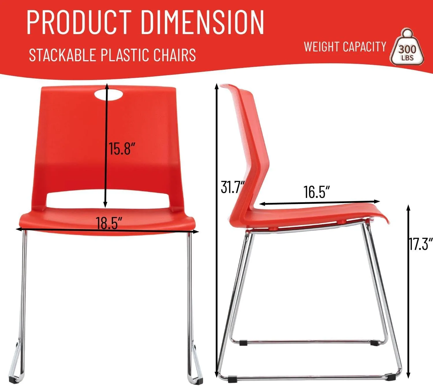Office Guest Chair with Sled Base, Ergonomic Full Back Plastic Stacking Chair Without Wheels, Reception Chair for Office, Conference Room, Waiting Room, Red (4 Pack).