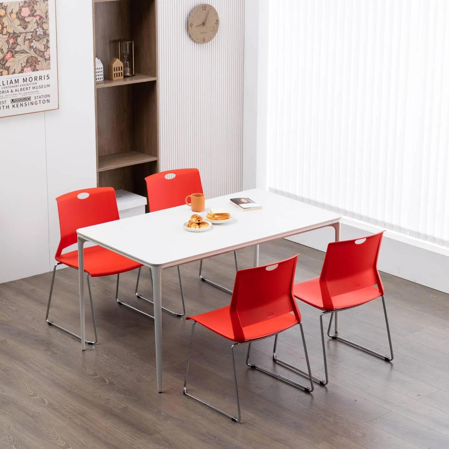 Office Guest Chair with Sled Base, Ergonomic Full Back Plastic Stacking Chair Without Wheels, Reception Chair for Office, Conference Room, Waiting Room, Red (4 Pack).