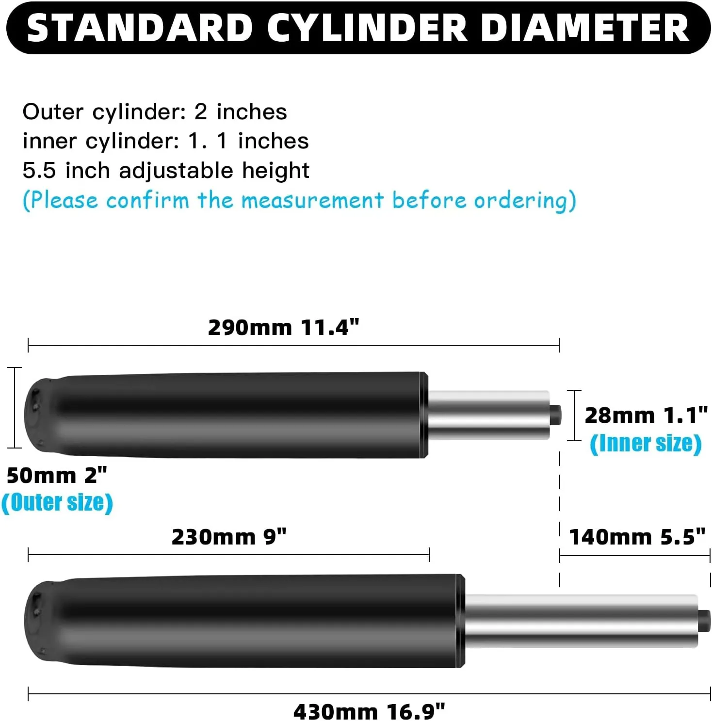 Omyoffice Adjustable Gas Lift Cylinder for Office Chairs, Black, 1000LBS Capacity