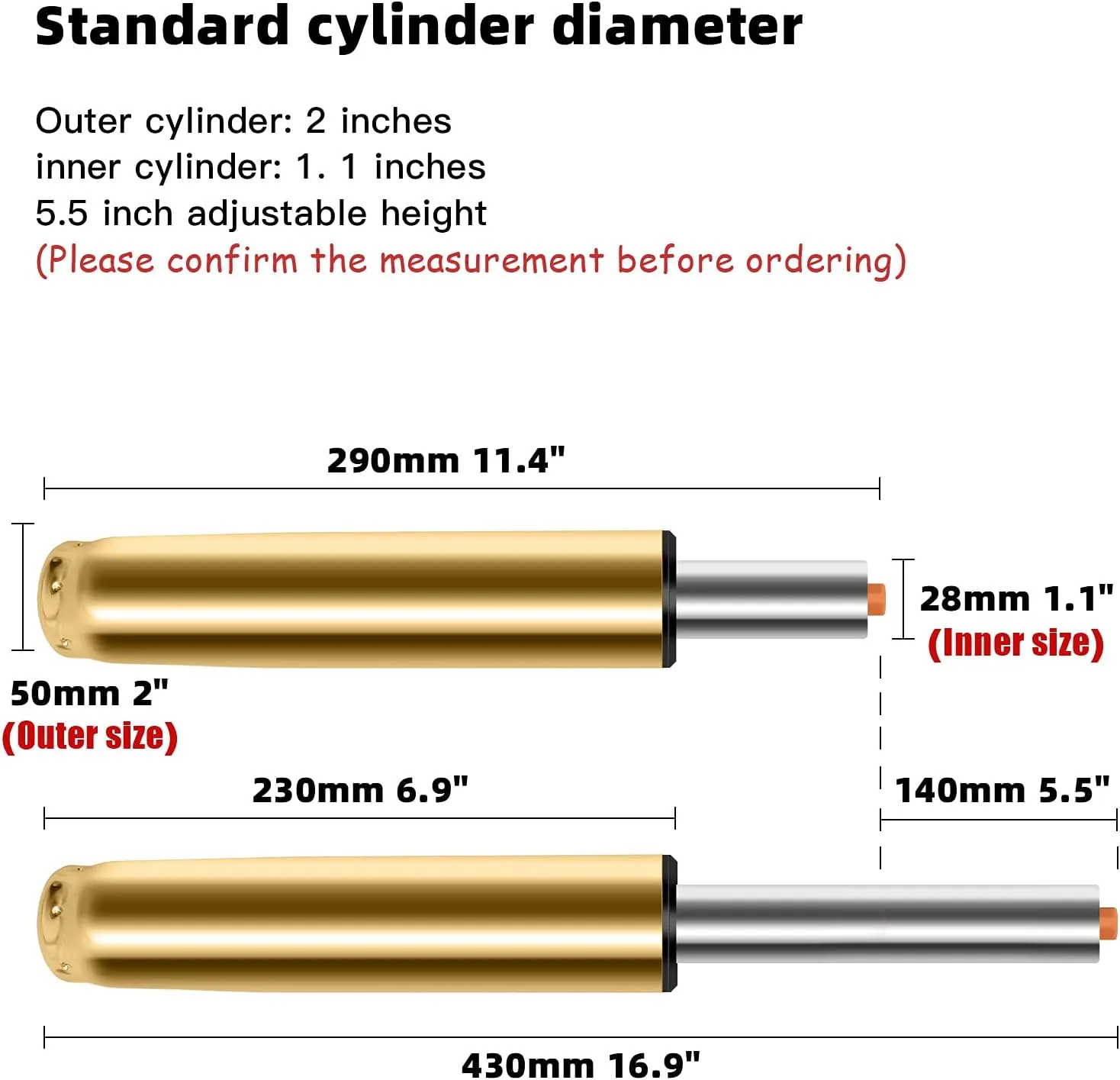 Omyoffice Adjustable Height Gas Lift Cylinder for Office Chairs, Universal Size, Heavy Duty, Gold