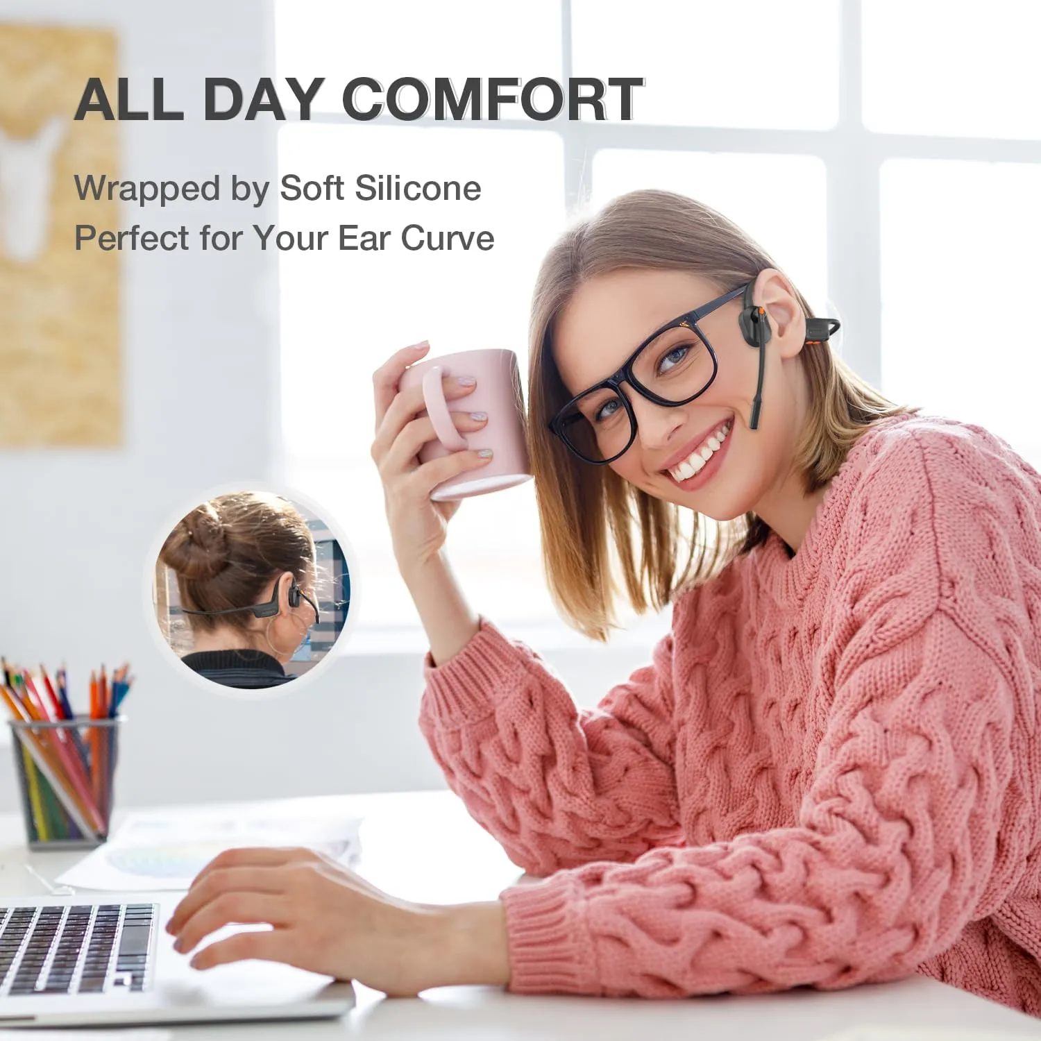 Open Ear Headphones with Mic, Bluetooth Wireless Computer Headphonses with Mic for Work, Office Home Online Class Open-Ear Headset (Gray, Headset Only)