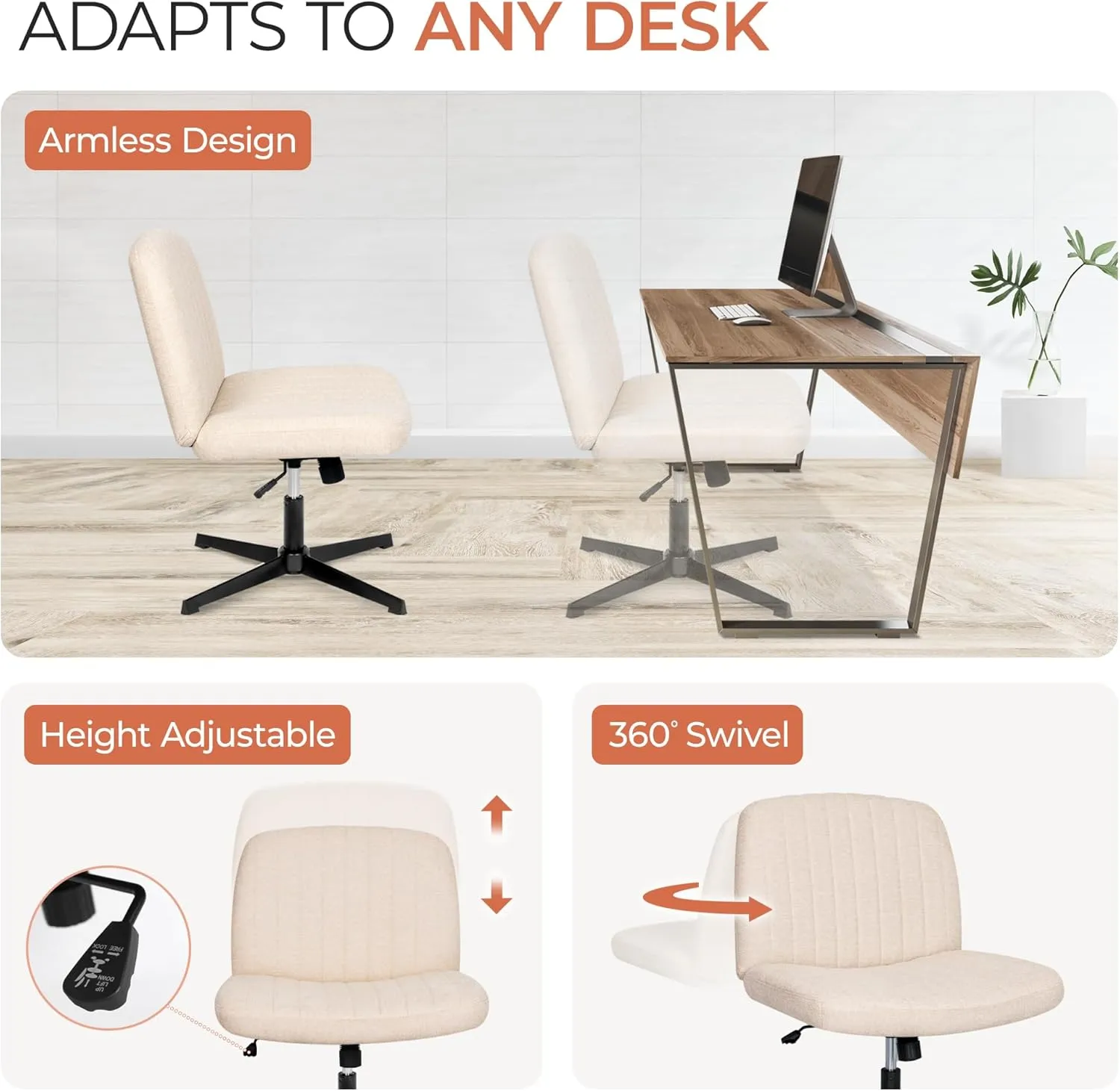 Orange Factory Criss Cross Chair No Wheel Wide Cross Legged Office Desk Vanity Chair Comfy Fabric Armless Adjustable Swivel for Home Computer Task (Beige)