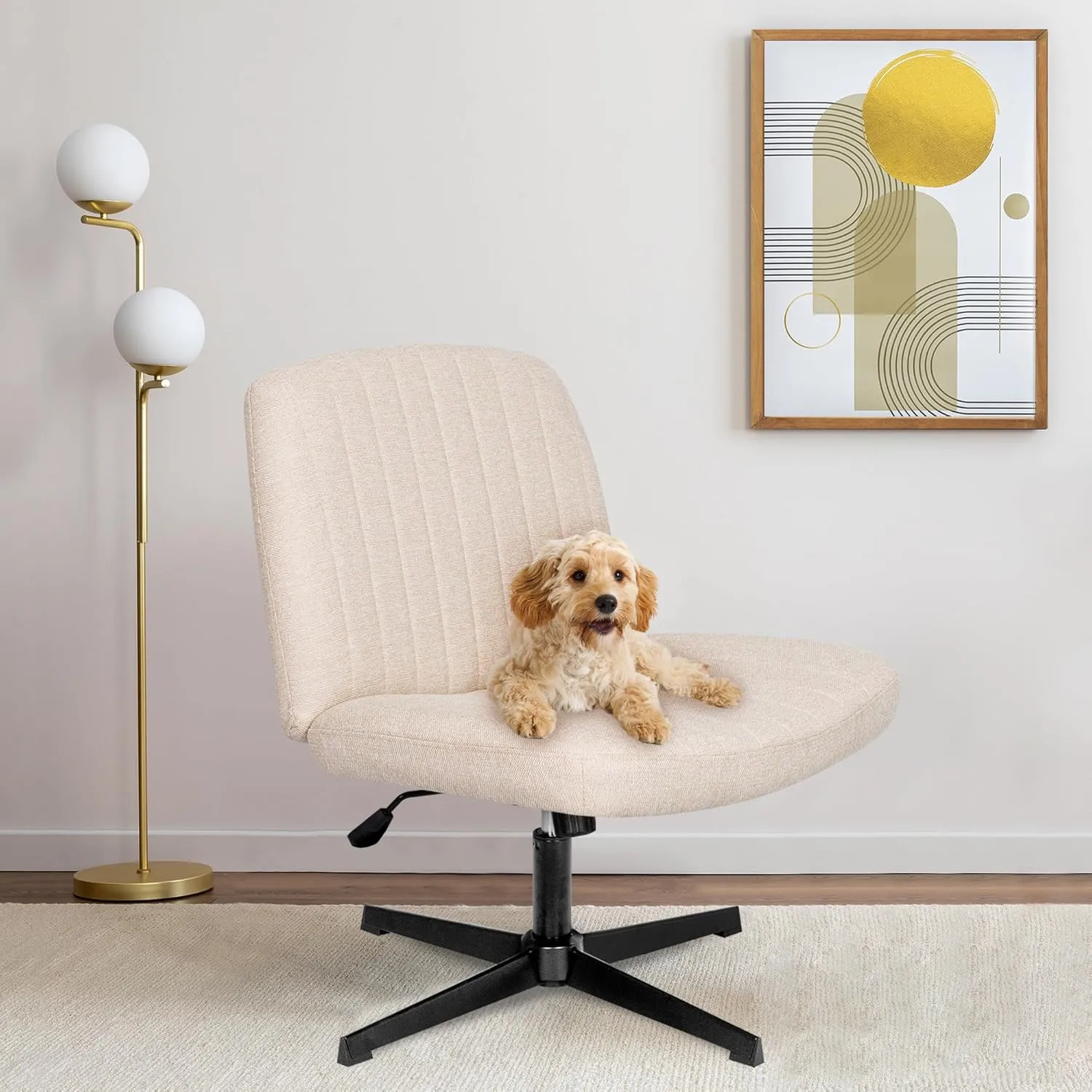 Orange Factory Criss Cross Chair No Wheel Wide Cross Legged Office Desk Vanity Chair Comfy Fabric Armless Adjustable Swivel for Home Computer Task (Beige)
