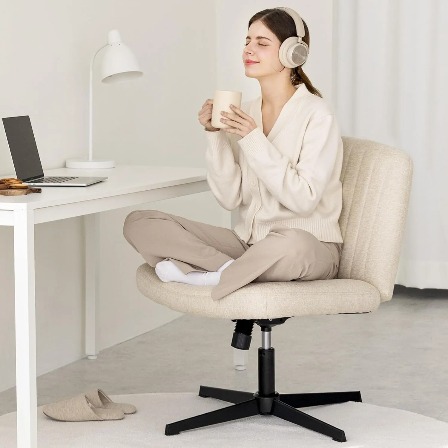 Orange Factory Criss Cross Chair No Wheel Wide Cross Legged Office Desk Vanity Chair Comfy Fabric Armless Adjustable Swivel for Home Computer Task (Beige)