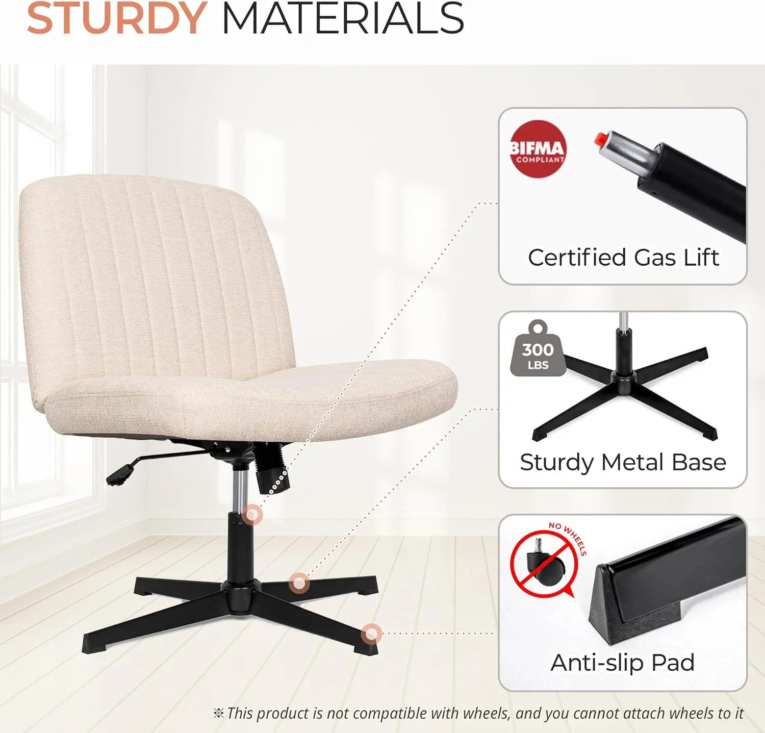 Orange Factory Criss Cross Chair No Wheel Wide Cross Legged Office Desk Vanity Chair Comfy Fabric Armless Adjustable Swivel for Home Computer Task (Beige)
