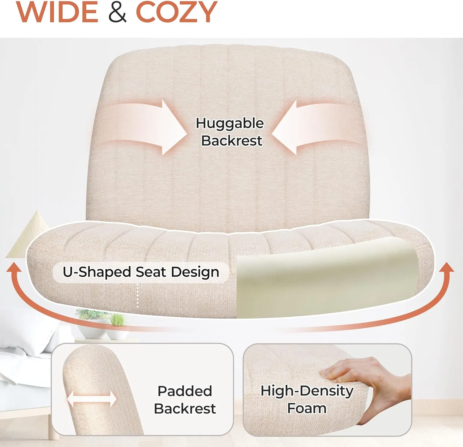 Orange Factory Criss Cross Chair No Wheel Wide Cross Legged Office Desk Vanity Chair Comfy Fabric Armless Adjustable Swivel for Home Computer Task (Beige)