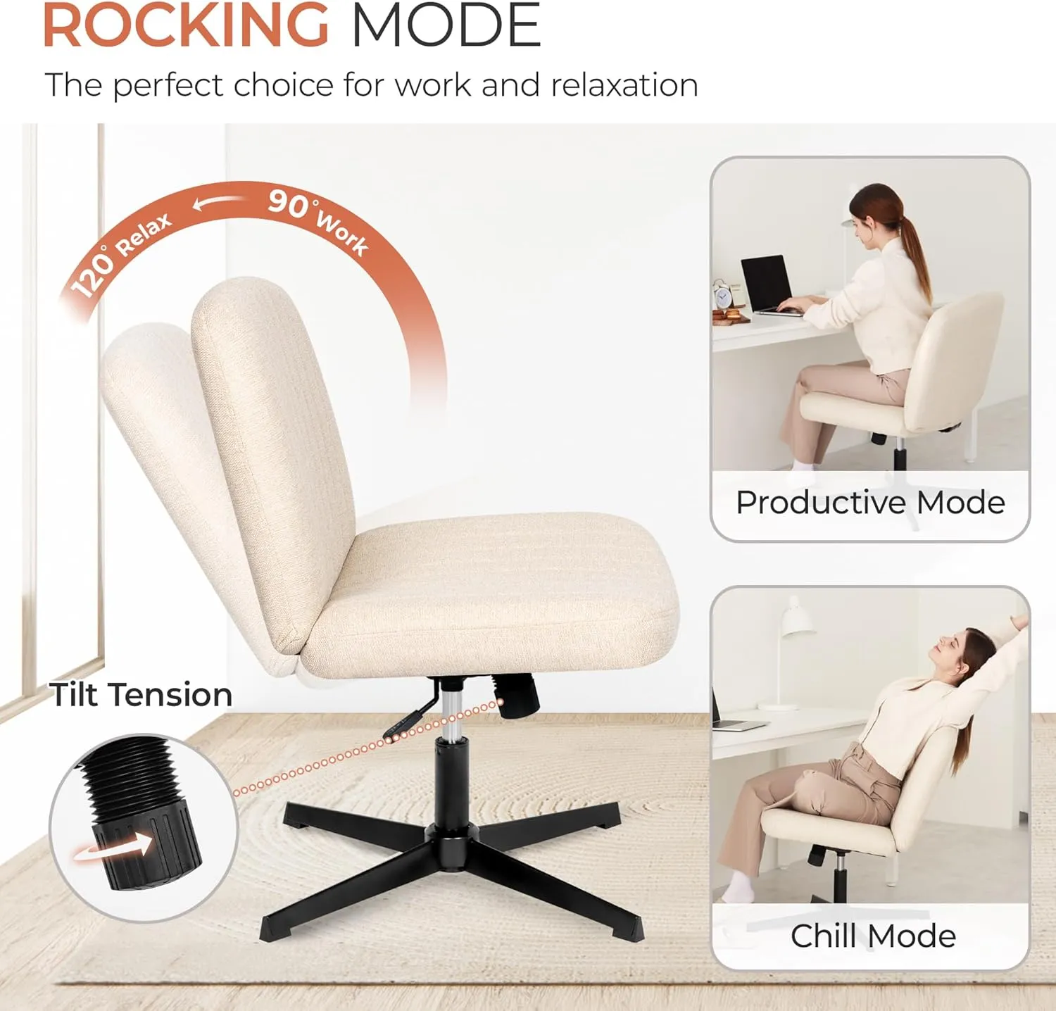 Orange Factory Criss Cross Chair No Wheel Wide Cross Legged Office Desk Vanity Chair Comfy Fabric Armless Adjustable Swivel for Home Computer Task (Beige)