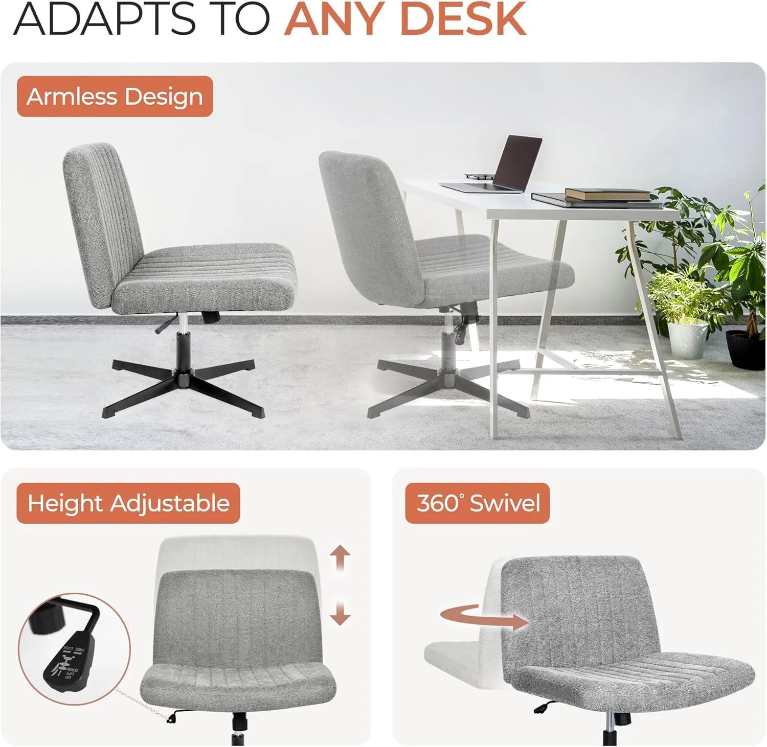 Orange Factory Criss Cross Chair No Wheel Wide Cross Legged Office Desk Vanity Chair Comfy Fabric Armless Adjustable Swivel for Home Computer Task (Gray)