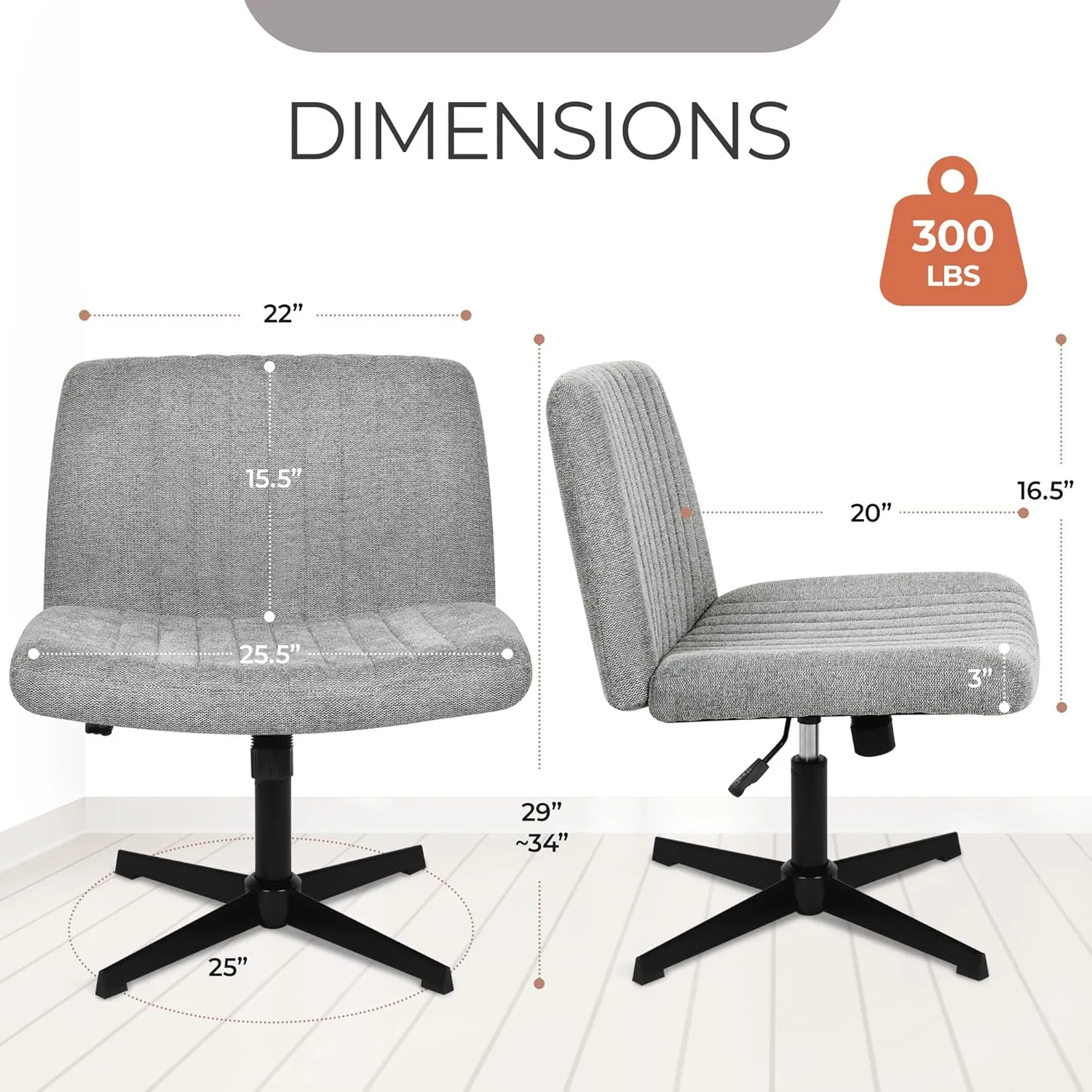 Orange Factory Criss Cross Chair No Wheel Wide Cross Legged Office Desk Vanity Chair Comfy Fabric Armless Adjustable Swivel for Home Computer Task (Gray)