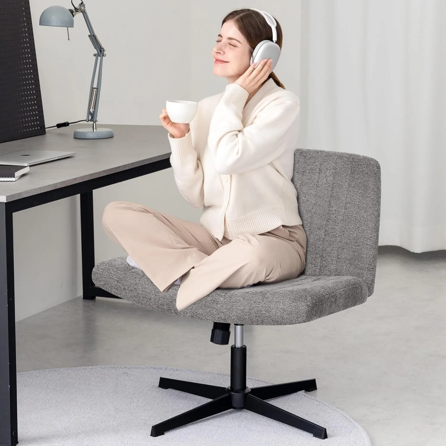 Orange Factory Criss Cross Chair No Wheel Wide Cross Legged Office Desk Vanity Chair Comfy Fabric Armless Adjustable Swivel for Home Computer Task (Gray)