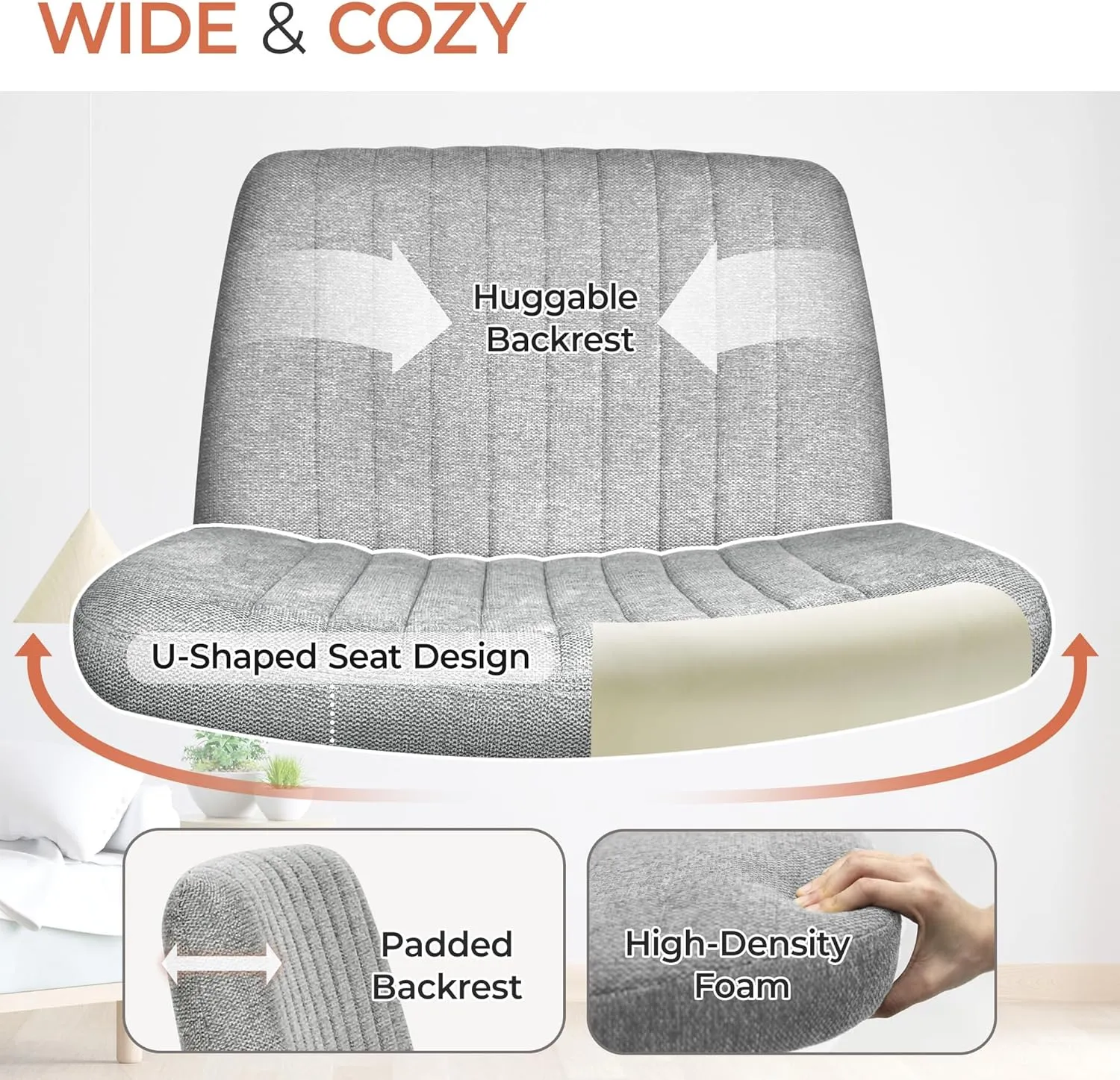 Orange Factory Criss Cross Chair No Wheel Wide Cross Legged Office Desk Vanity Chair Comfy Fabric Armless Adjustable Swivel for Home Computer Task (Gray)