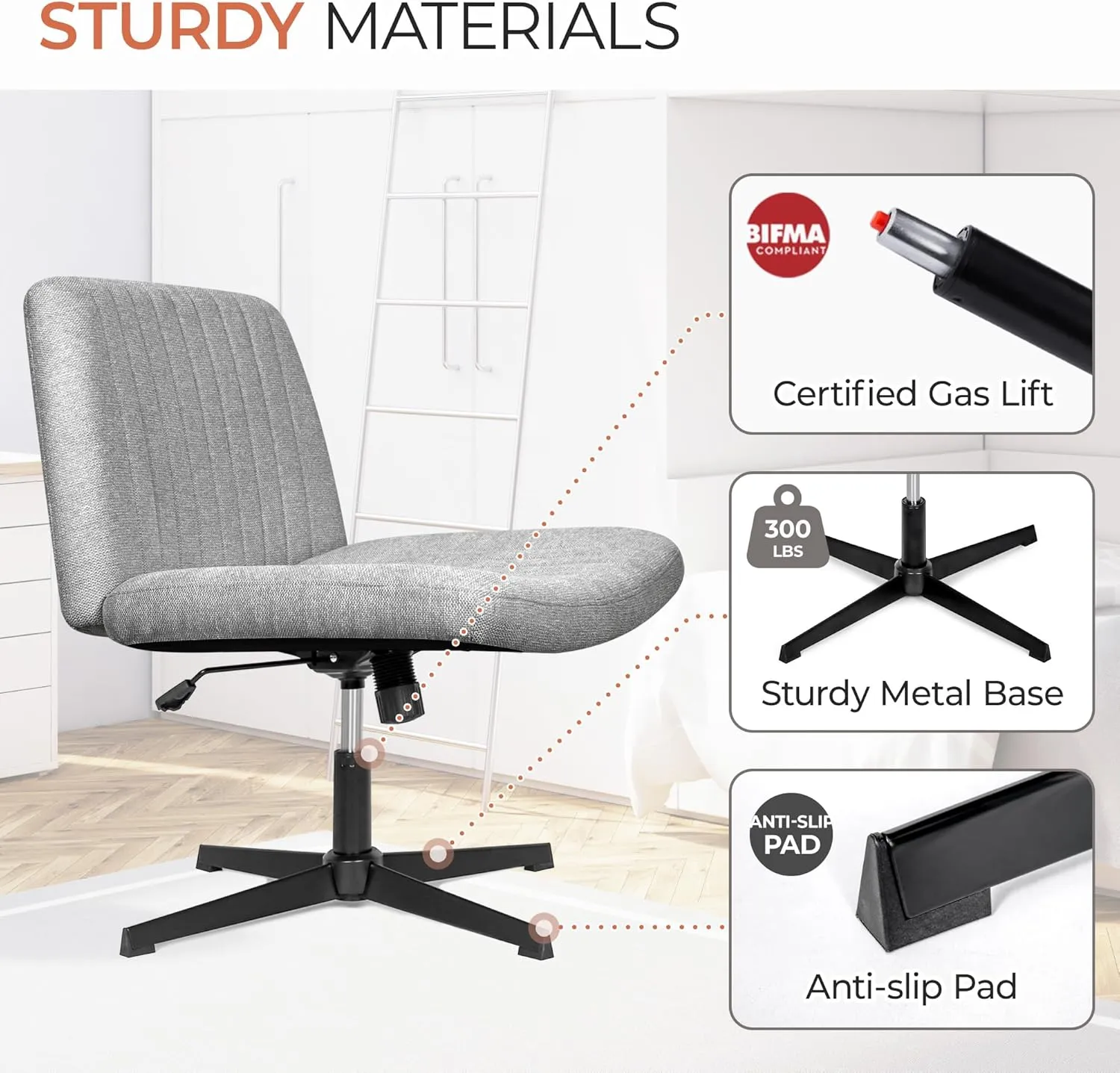 Orange Factory Criss Cross Chair No Wheel Wide Cross Legged Office Desk Vanity Chair Comfy Fabric Armless Adjustable Swivel for Home Computer Task (Gray)
