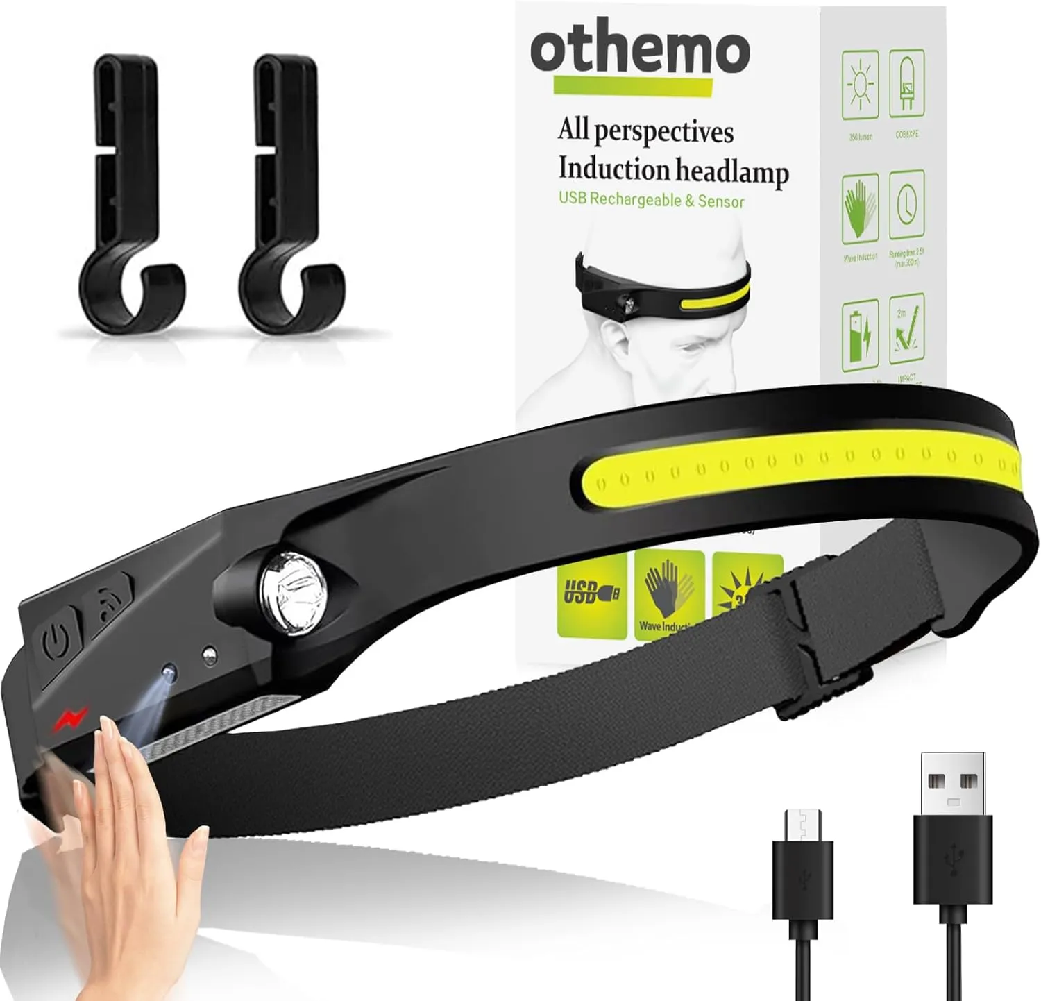 Othemo230 LED Headlamp, 230° Wide Beam Head Lamp, Motion Sensor LED Headlamp Rechargeable, 5Mode Headlamps for Adults, Bright Head Lights for Forehead, Hard Hat Headlight, Camping Essentials Gear 1Pcs