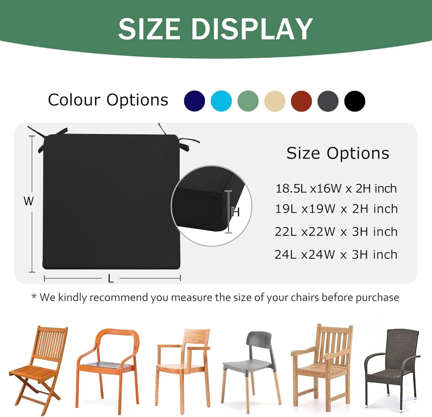 Outdoor Chair Cushions Set of 4: Waterproof & Fade Resistant Seat Cushion for Patio Furniture - 19 x 19 x 2 Inch Chair Pads with Ties and Hidden Zipper - Patio Chair Cushion Replacement, Black