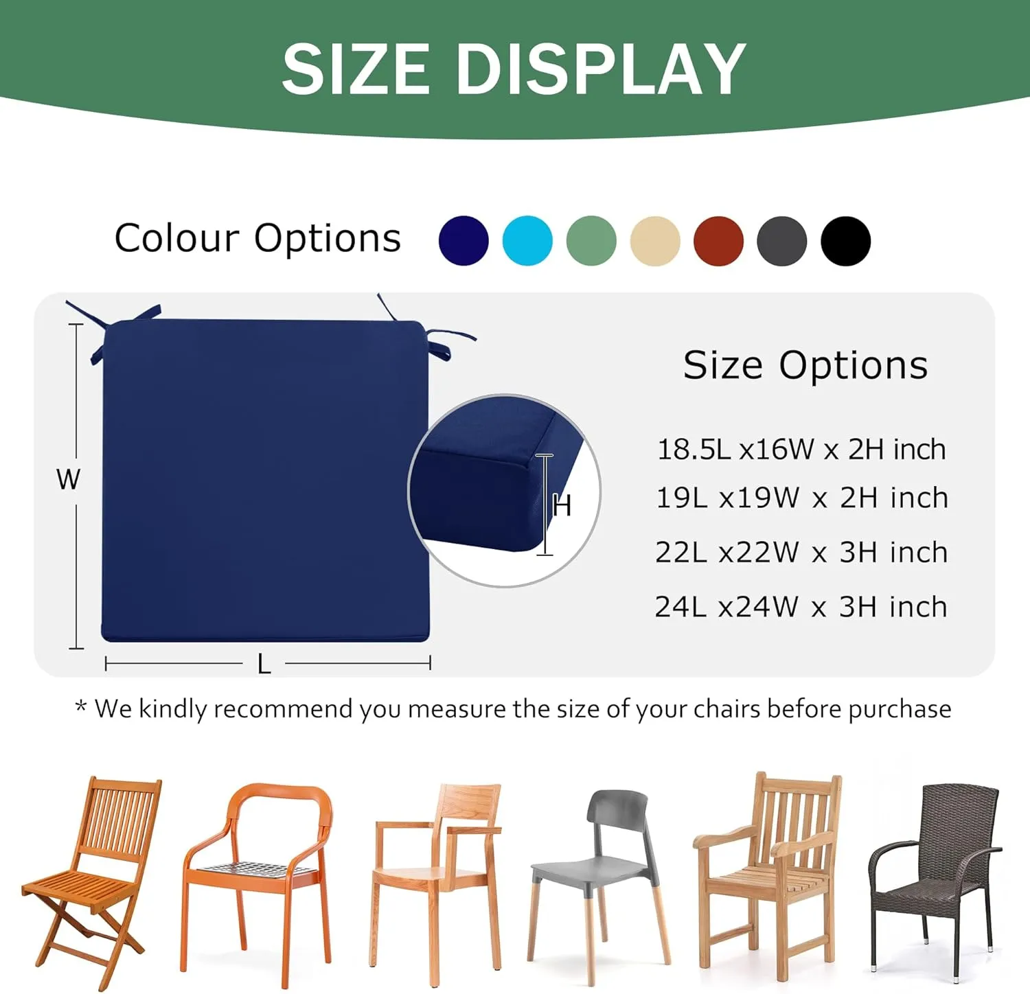 Outdoor Chair Cushions Set of 4: Waterproof & Fade Resistant Seat Cushion for Patio Furniture - 19 x 19 x 2 Inch Chair Pads with Ties and Hidden Zipper - Patio Chair Cushion Replacement, Navy