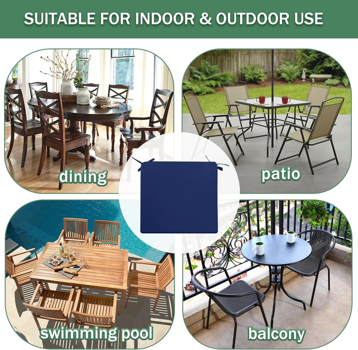 Outdoor Chair Cushions Set of 4: Waterproof & Fade Resistant Seat Cushion for Patio Furniture - 19 x 19 x 2 Inch Chair Pads with Ties and Hidden Zipper - Patio Chair Cushion Replacement, Navy