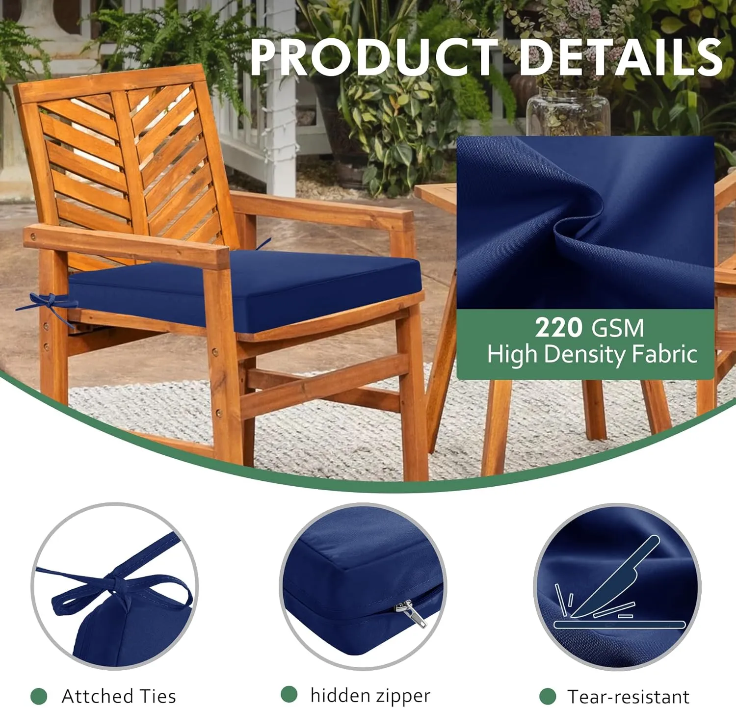 Outdoor Chair Cushions Set of 4: Waterproof & Fade Resistant Seat Cushion for Patio Furniture - 19 x 19 x 2 Inch Chair Pads with Ties and Hidden Zipper - Patio Chair Cushion Replacement, Navy