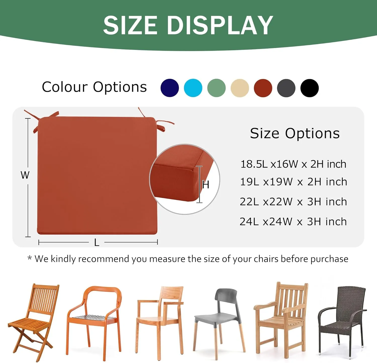 Outdoor Chair Cushions Set of 4: Waterproof & Fade Resistant Seat Cushion for Patio Furniture - 19 x 19 x 2 Inch Chair Pads with Ties and Hidden Zipper - Patio Chair Cushion Replacement, Rust
