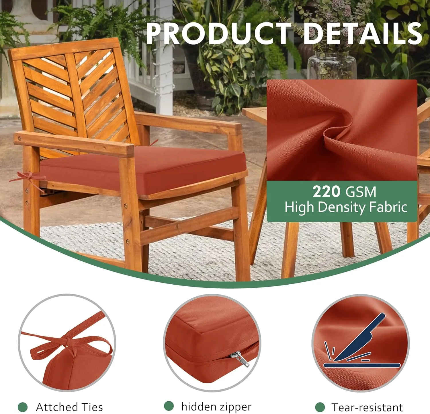 Outdoor Chair Cushions Set of 4: Waterproof & Fade Resistant Seat Cushion for Patio Furniture - 19 x 19 x 2 Inch Chair Pads with Ties and Hidden Zipper - Patio Chair Cushion Replacement, Rust