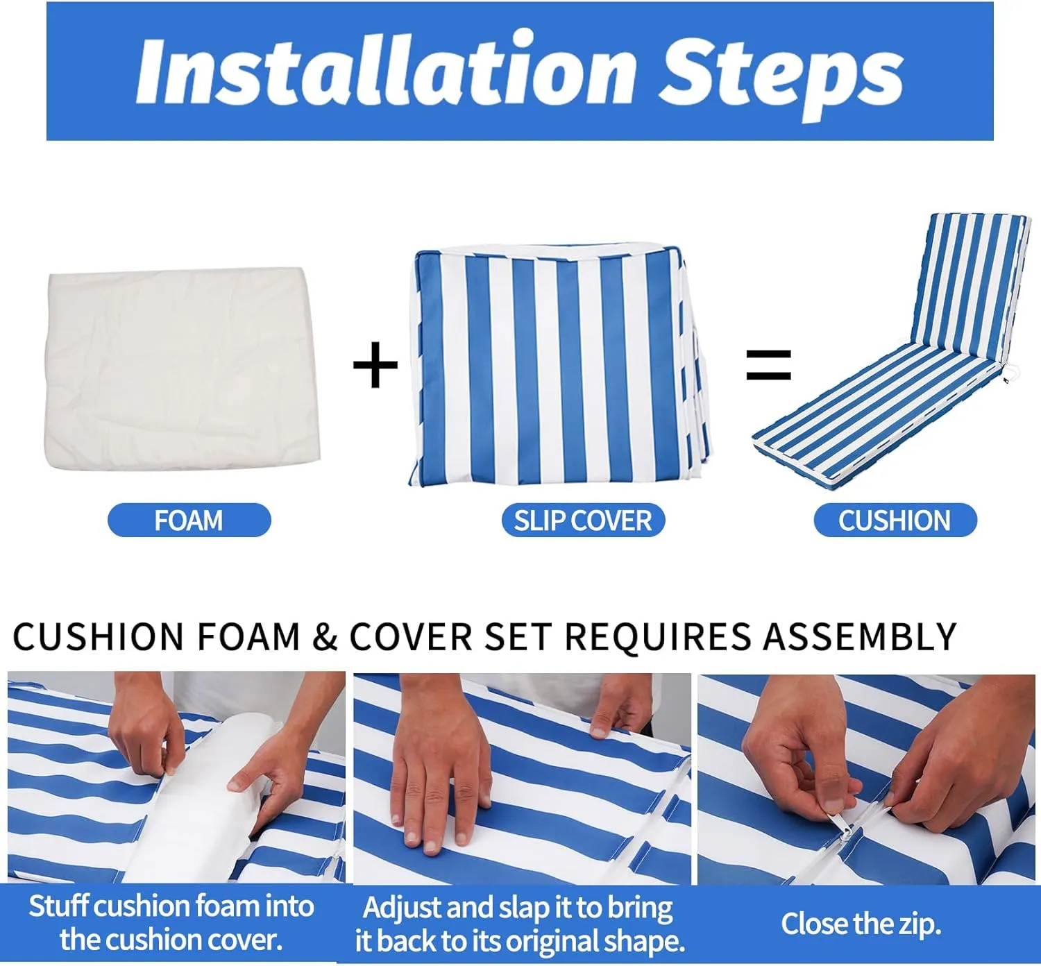 Outdoor Chaise Lounge Cushions for Patio, 71"x22"x3" Lounge Chair Cushions, Waterproof Replacement Seat Pads for Outdoor Furniture (Sky Blue White Stripes, 1 Pcs)