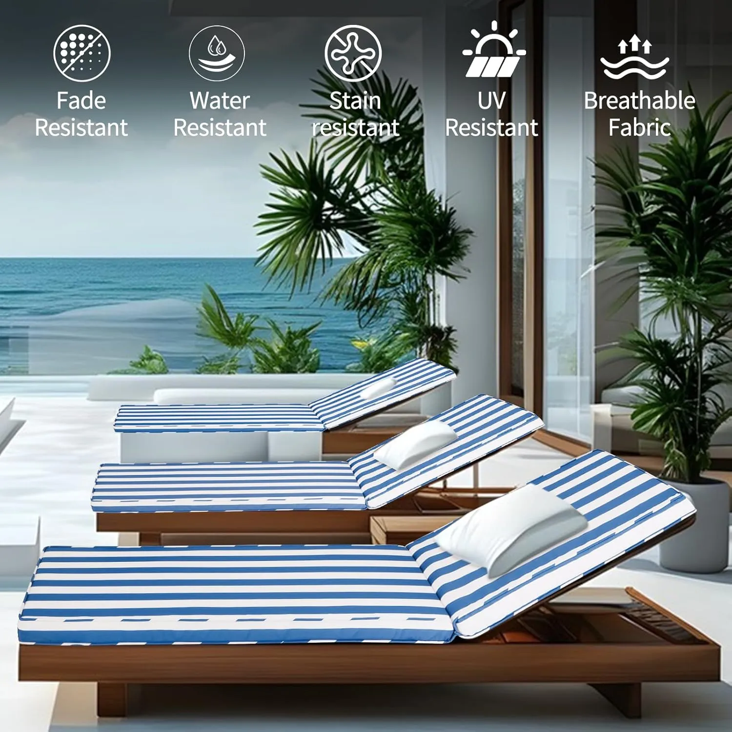 Outdoor Chaise Lounge Cushions for Patio, 71"x22"x3" Lounge Chair Cushions, Waterproof Replacement Seat Pads for Outdoor Furniture (Sky Blue White Stripes, 1 Pcs)