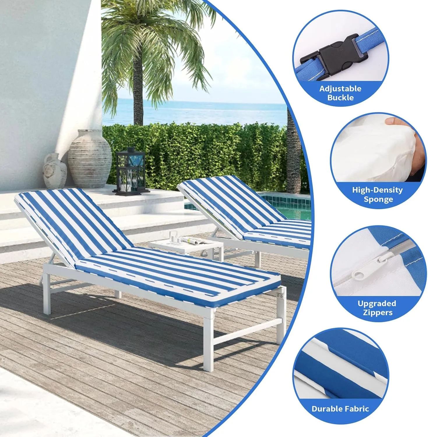 Outdoor Chaise Lounge Cushions for Patio, 71"x22"x3" Lounge Chair Cushions, Waterproof Replacement Seat Pads for Outdoor Furniture (Sky Blue White Stripes, 1 Pcs)