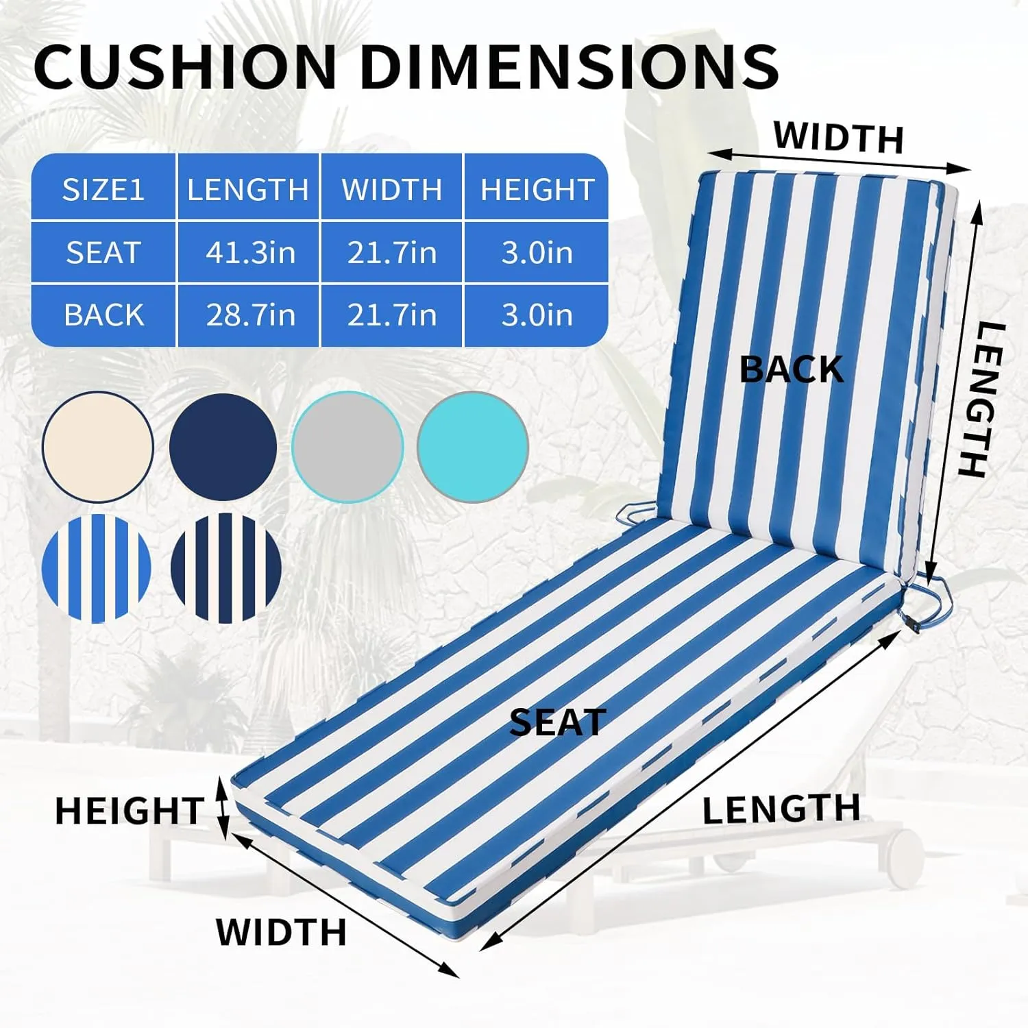 Outdoor Chaise Lounge Cushions for Patio, 71"x22"x3" Lounge Chair Cushions, Waterproof Replacement Seat Pads for Outdoor Furniture (Sky Blue White Stripes, 1 Pcs)