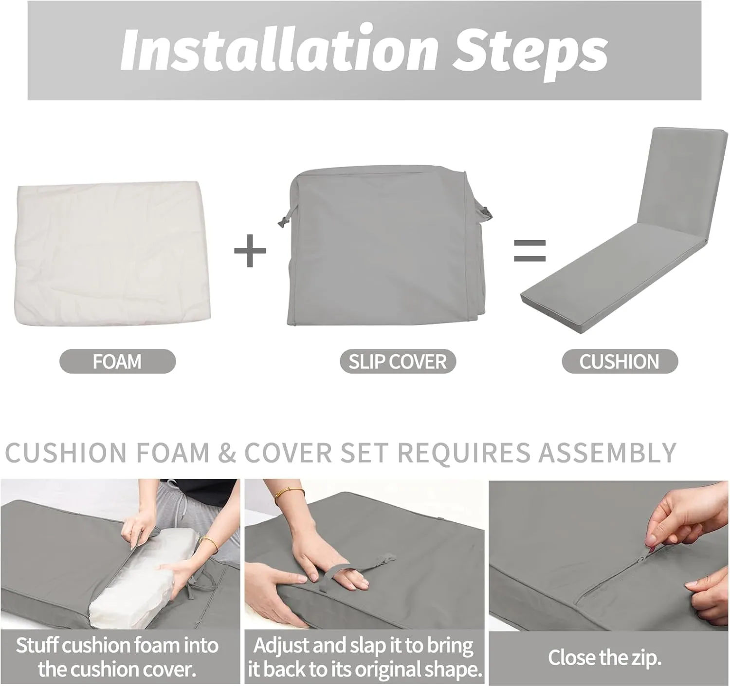 Outdoor Chaise Lounge Cushions for Patio, 71"x22"x3" Lounge Chair Waterproof Replacement Seat Cushions for Outdoor Furniture (Grey, 1 Pcs)