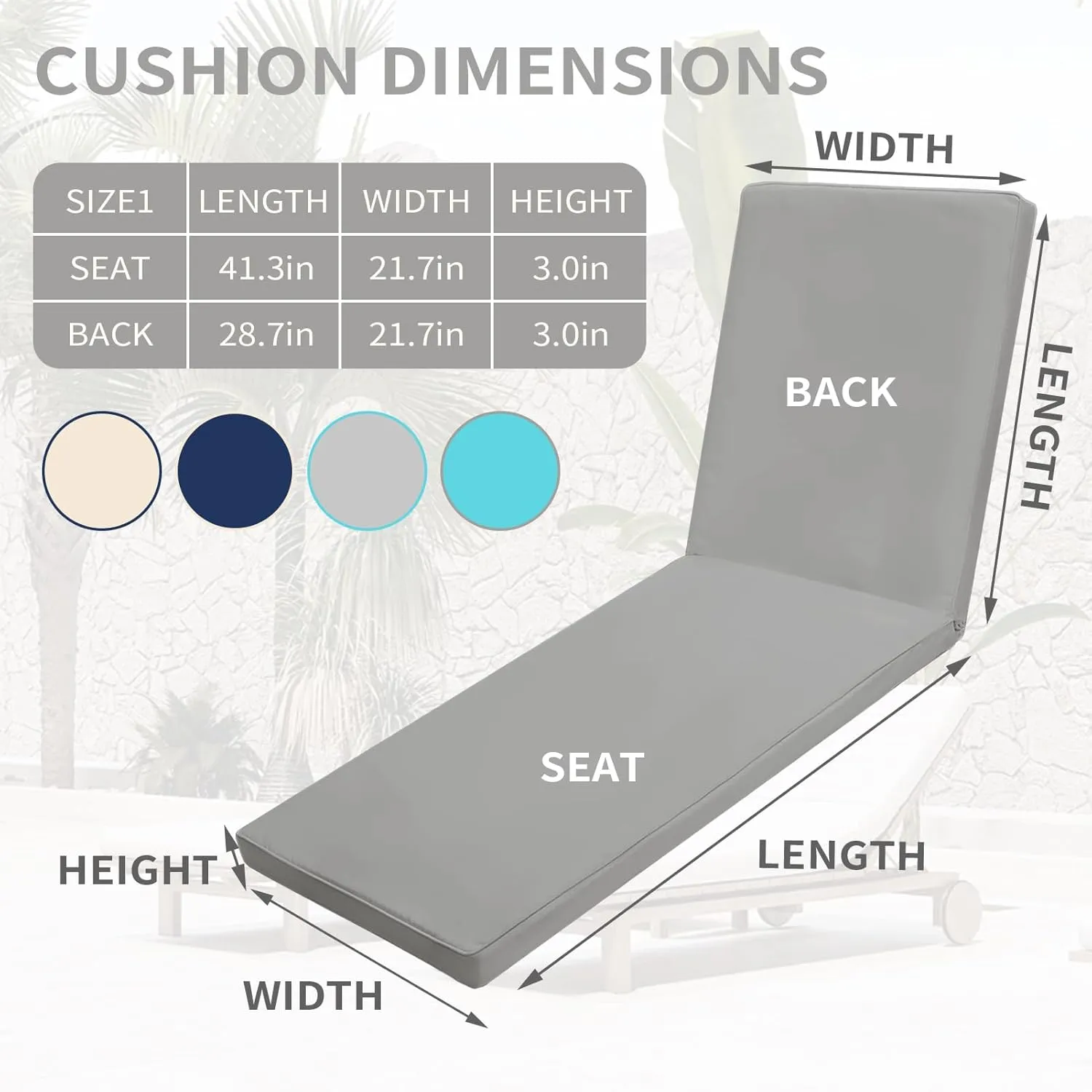 Outdoor Chaise Lounge Cushions for Patio, 71"x22"x3" Lounge Chair Waterproof Replacement Seat Cushions for Outdoor Furniture (Grey, 1 Pcs)