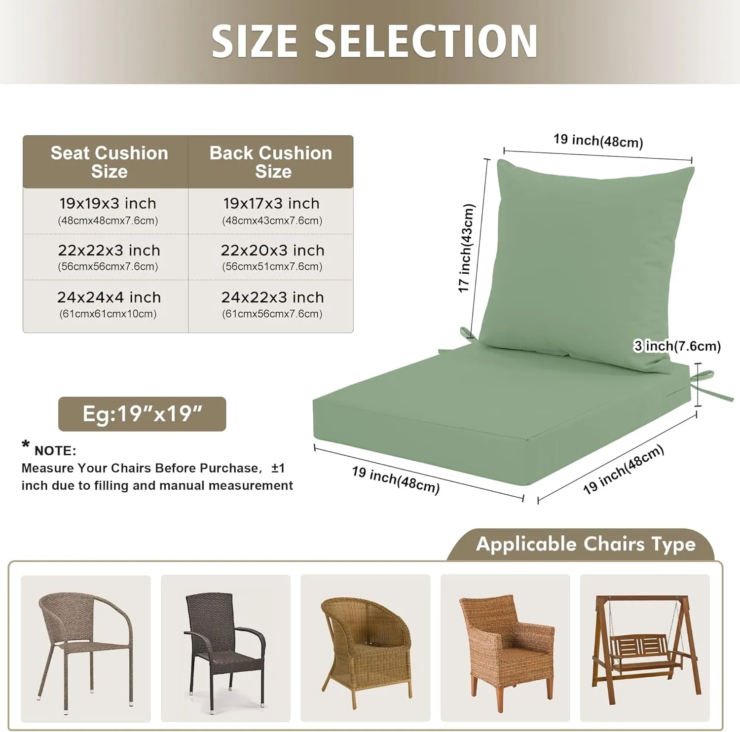 Outdoor Cushions for Patio Furniture, Waterproof Outdoor Chair Cushion w/Fade-Resistant, Removable & Machine-Washable Cover, 22x22 Inch, Deep Seat Sofa/Couch Pads Replacement – Set of 2, Sage Green