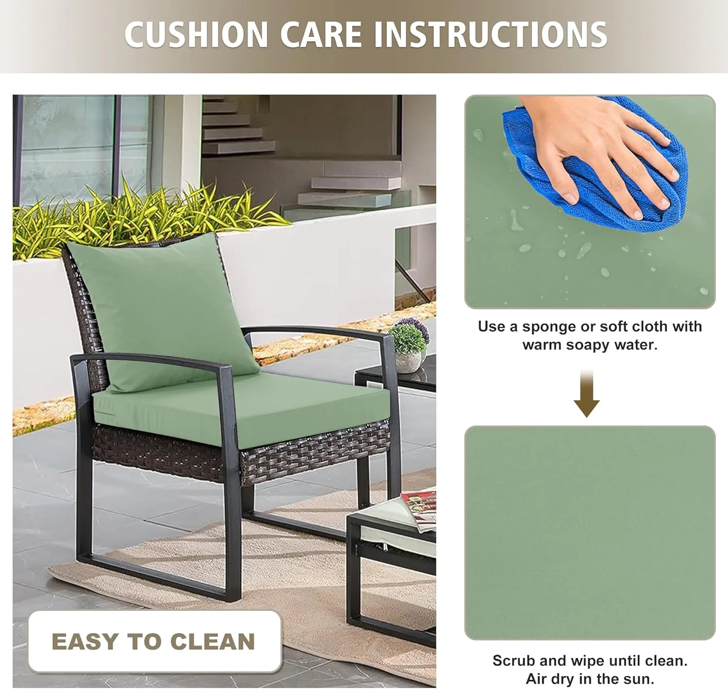 Outdoor Cushions for Patio Furniture, Waterproof Outdoor Chair Cushion w/Fade-Resistant, Removable & Machine-Washable Cover, 22x22 Inch, Deep Seat Sofa/Couch Pads Replacement – Set of 2, Sage Green