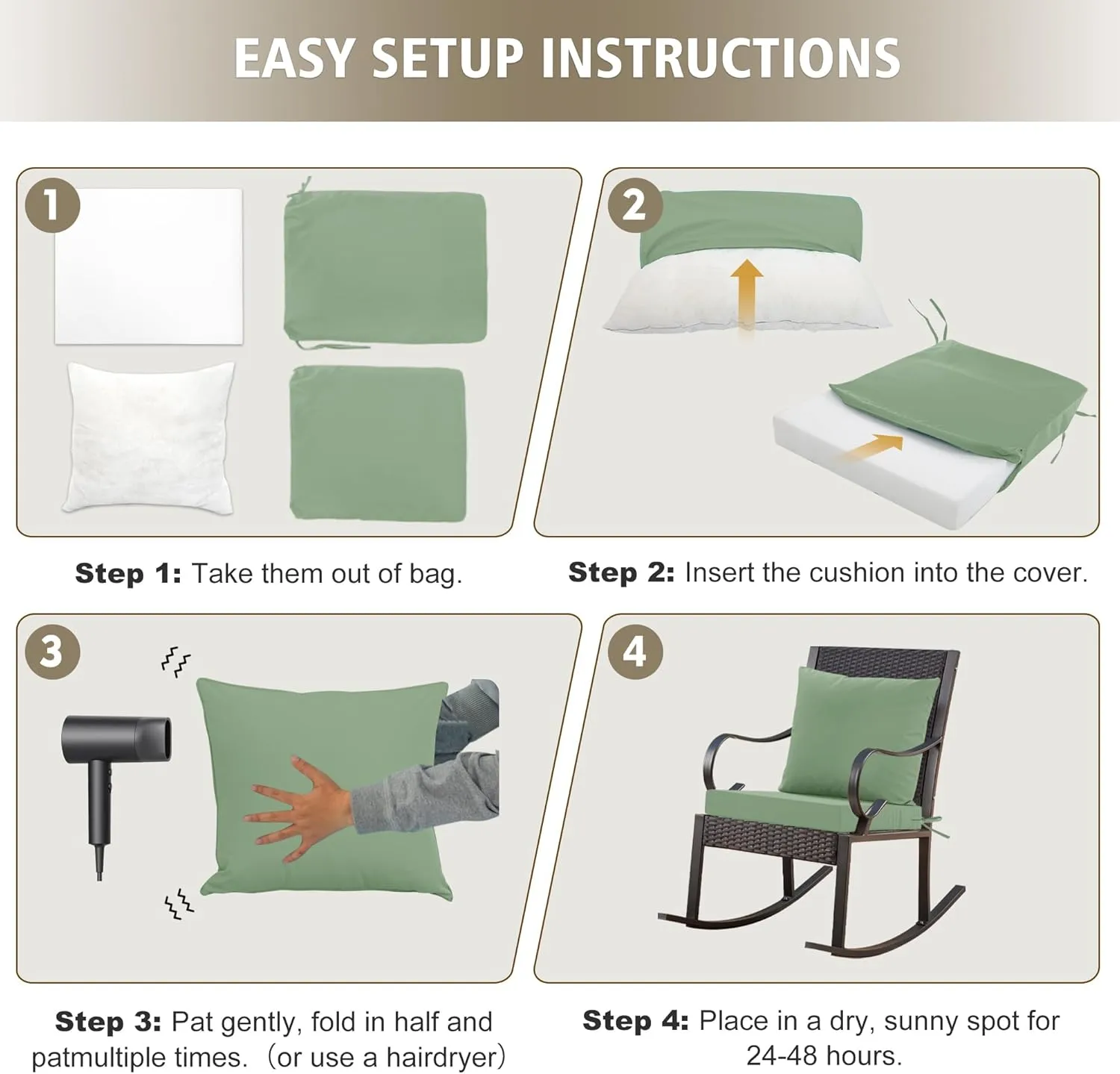 Outdoor Cushions for Patio Furniture, Waterproof Outdoor Chair Cushion w/Fade-Resistant, Removable & Machine-Washable Cover, 22x22 Inch, Deep Seat Sofa/Couch Pads Replacement – Set of 2, Sage Green