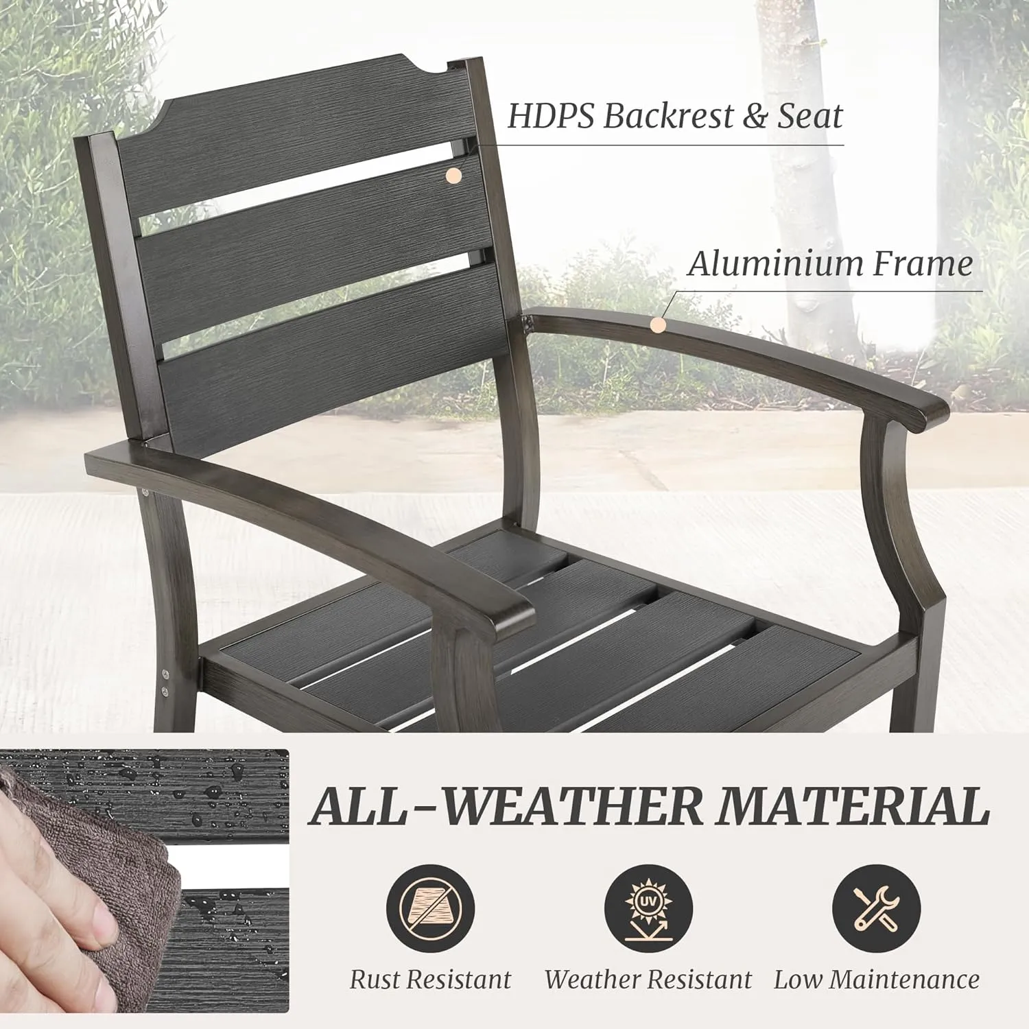 Outdoor Dining Chairs, Patio Dining Chairs, HDPS All-Weather Material Outdoor Chairs, Patio Chairs Set of 4 for Patio, Lawn, Garden, Indoor and Backyard, Dark Gray, 17.3 Inch