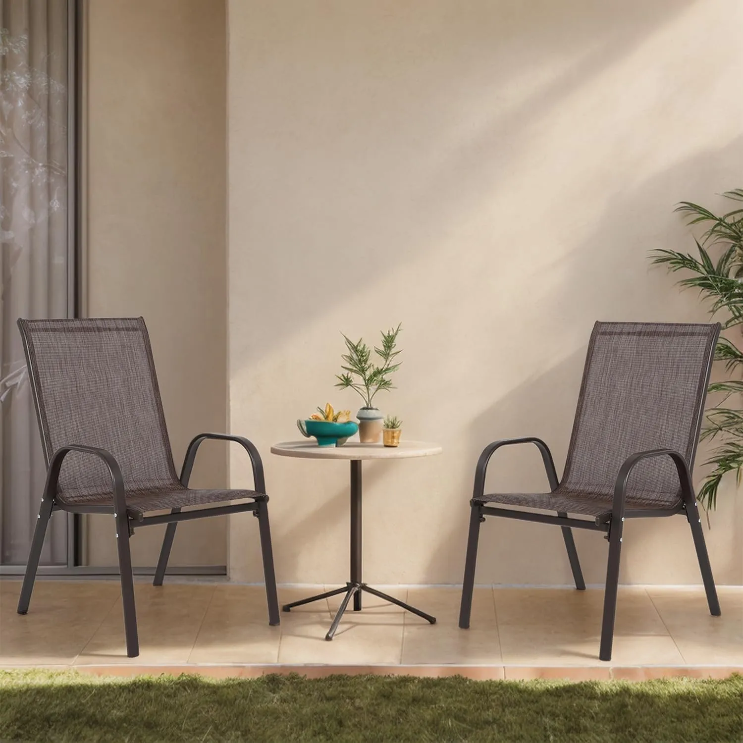Outdoor Patio Chairs Set of 2, Outdoor Camping Chairs with Breathable Textilene Fabric,Folding Patio Chairs with Metal Frame, Armrests, Portable Dining Chairs for Camping, Garden and Porch (Brown)