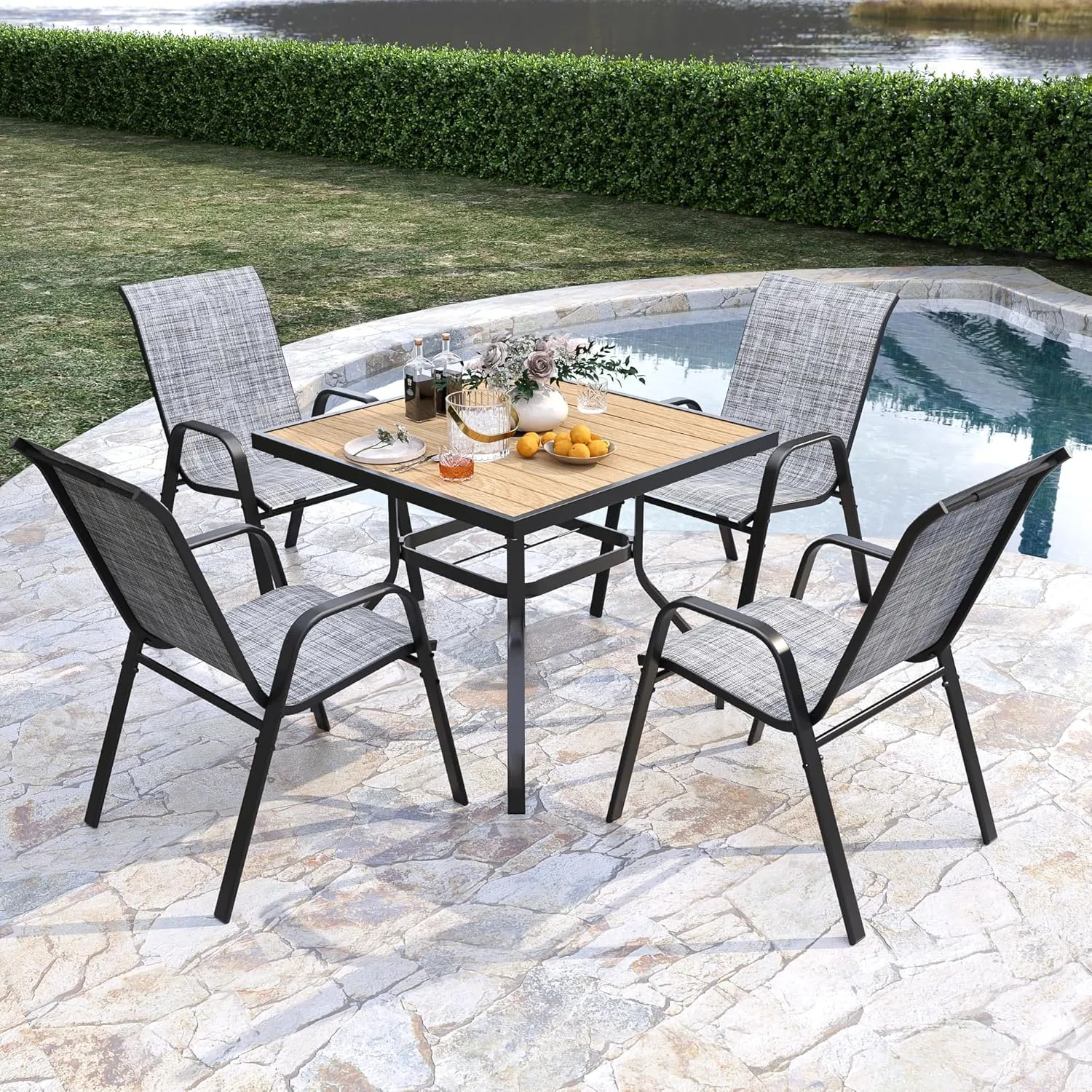 Outdoor Patio Chairs Set of 4 Stackable Dining Chairs All-Weather Textilene Furniture Set for Pool Deck, Backyard, Garden