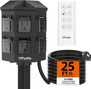 Outdoor Power Strip with 25FT Extension Cord, 100FT Remote Control, Dusk to Dawn Light Timer Waterproof, 6 Grounded Outlets for Yard, Pool and Garden, ETL Listed